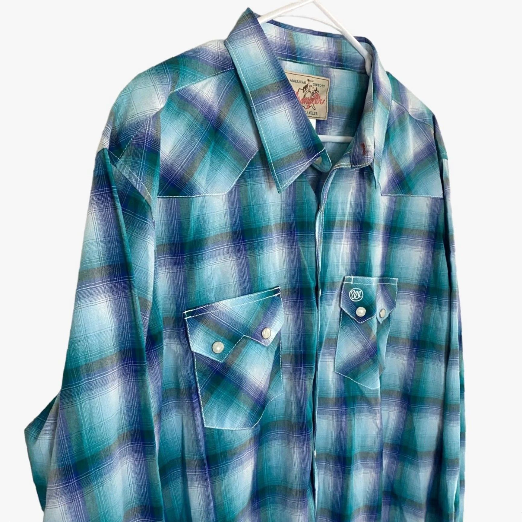 Wrangler VINTAGE Wrangler Western Pearl Snap Shirt Long Sleeve Turquoise Blue Plaid Mens XL TieFit? Size US XL / EU 56 / 4 - 4 Thumbnail