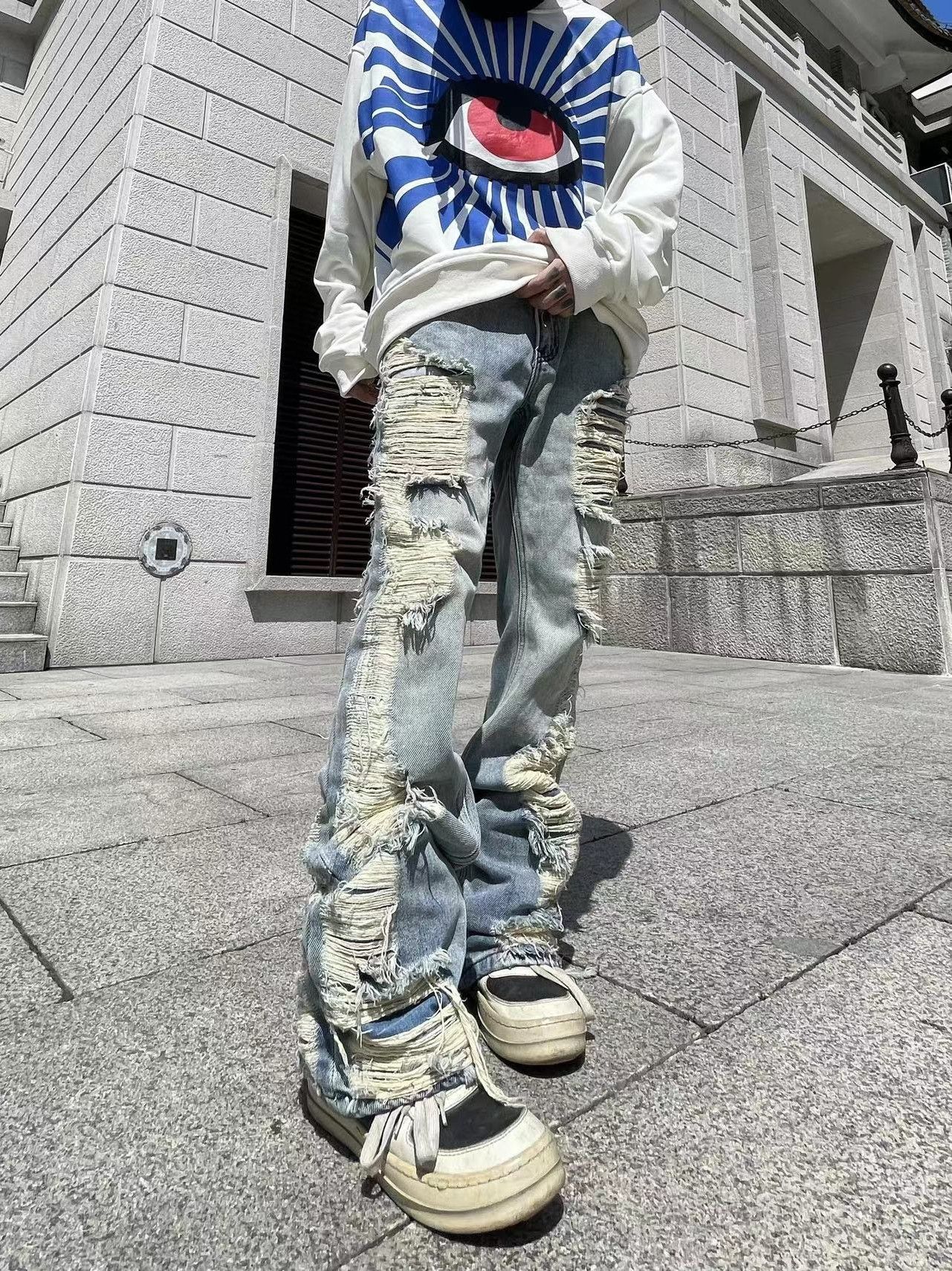 Designer × Jean × Vintage washed faded denim damaged ripped jeans Size US 34 / EU 50 - 2 Thumbnail