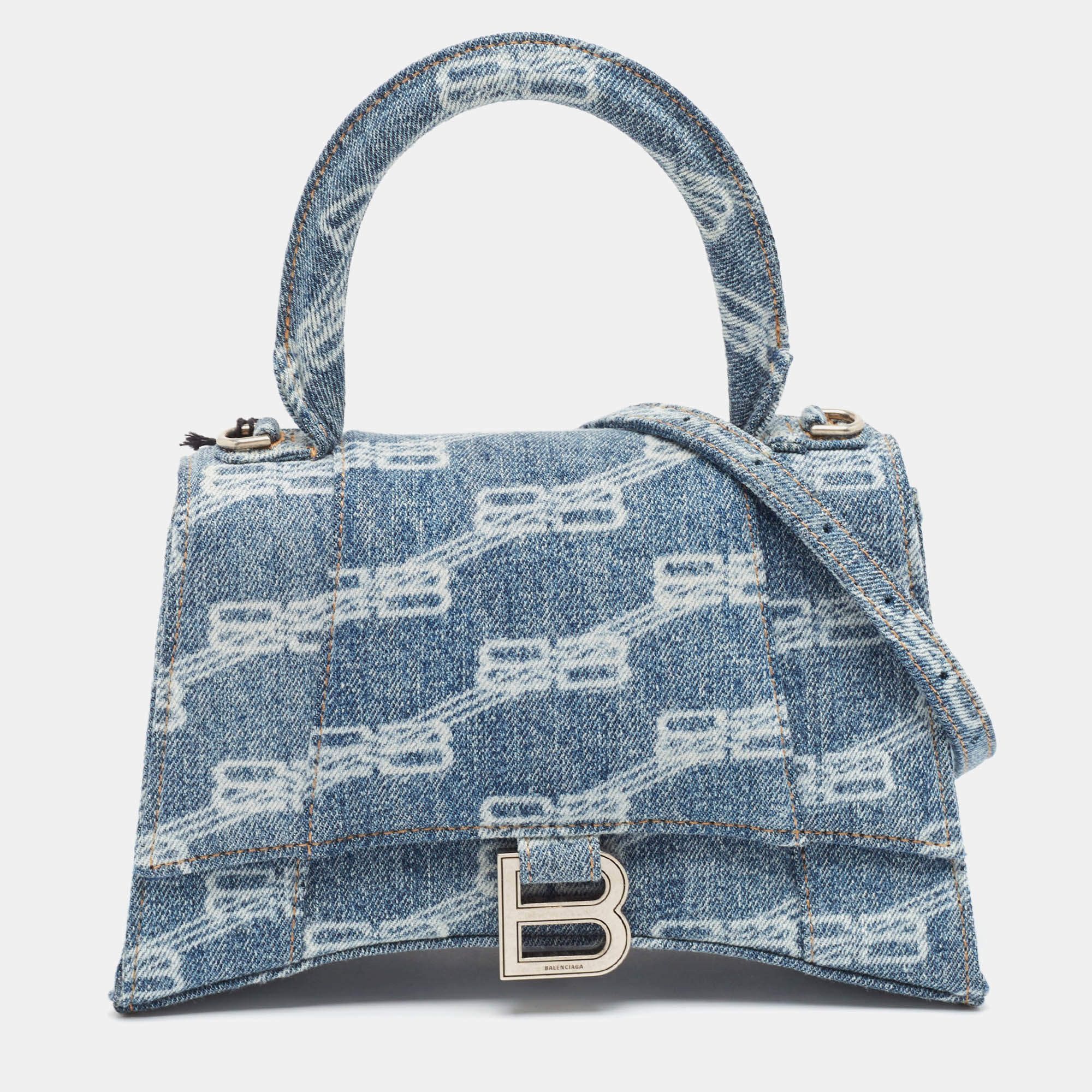 Balenciaga Light Blue BB Monogram Denim Small Hourglass Top Handle Bag Size ONE SIZE - 1 Thumbnail