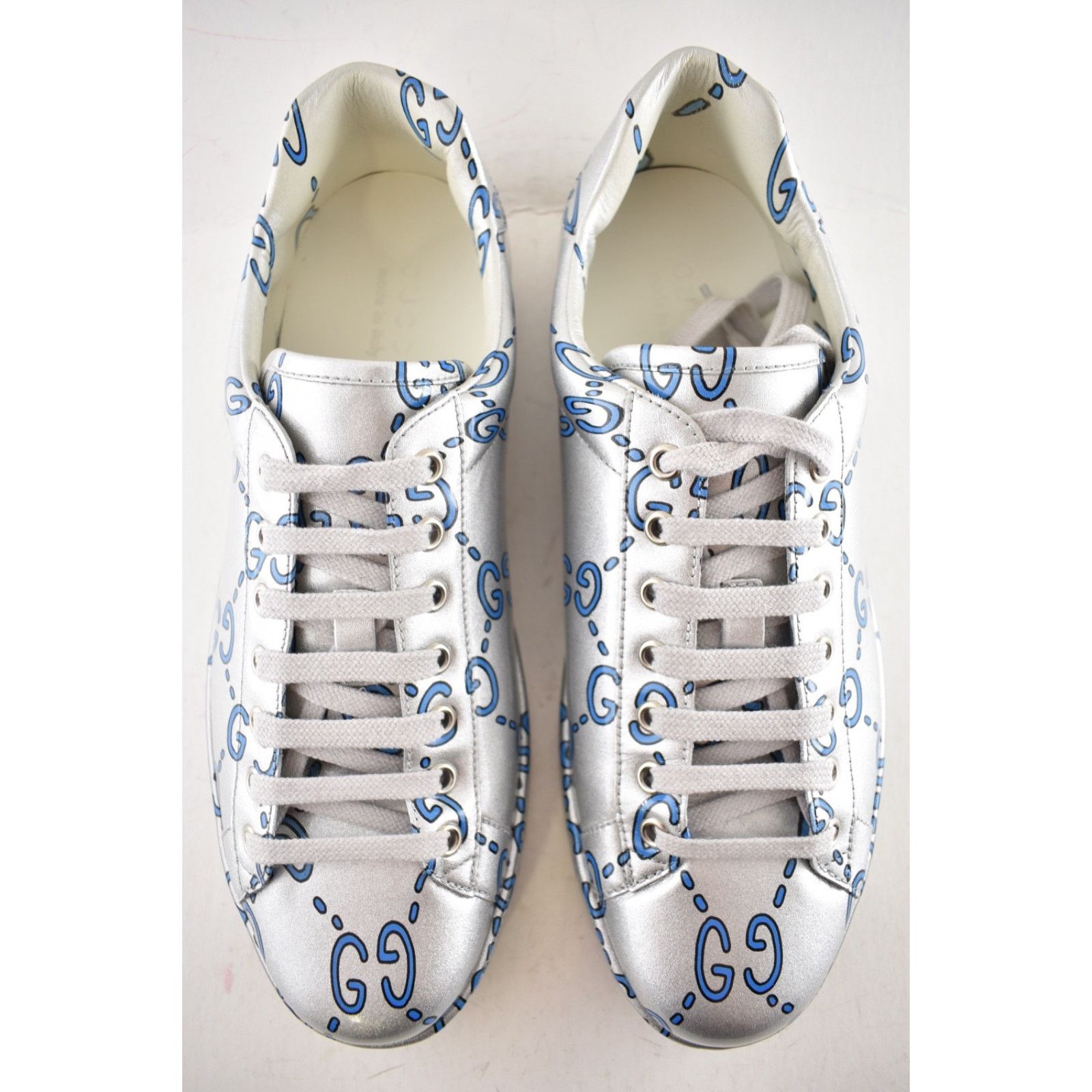 Gucci Gucci New Ace Silver Blue Ghost GG Leather Sneakers 9.5/10.5 Size US 10.5 / EU 43-44 - 9 Thumbnail