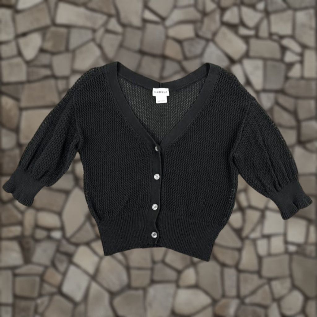 MARELLA Cardigan Sweater Womens XS/Small Cropped Black Open Knit Ribbed Romania