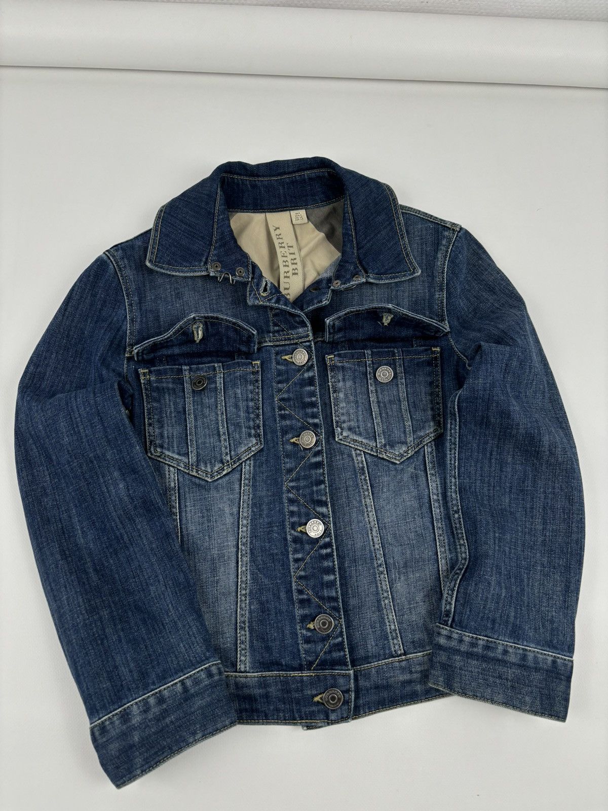 Burberry BRIT Nova Check Trim Denim Blue Trucker Buttons Jacket Jean Crop Bomber Size S / US 4 / IT 40 - 5 Thumbnail