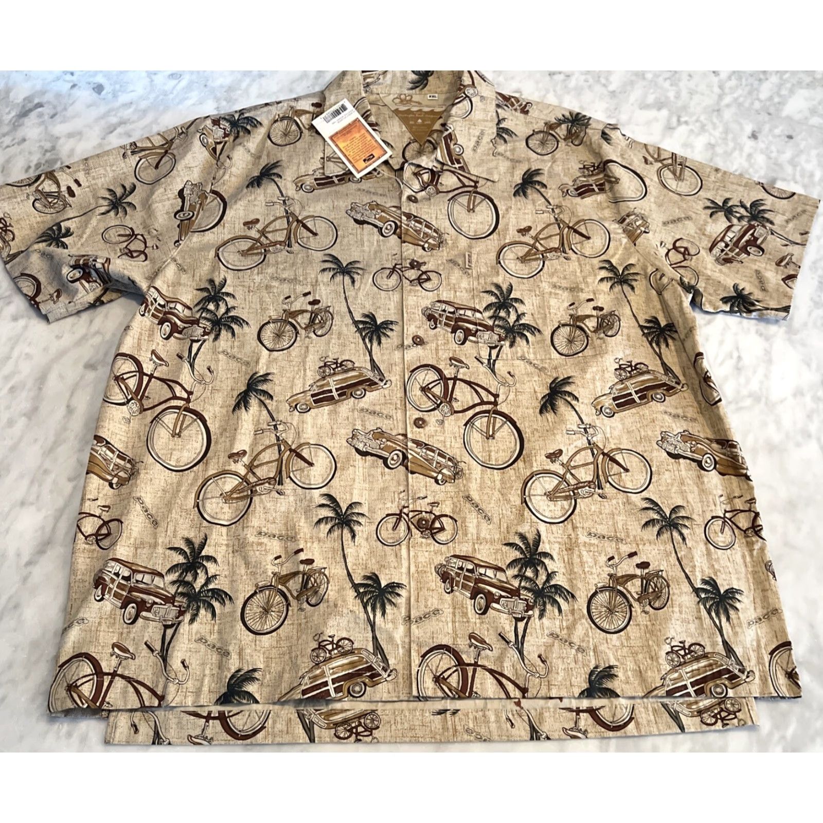 Vintage Pace Sports Wear Men’s XXL Button Short Sleeve Woodys Bicycles Palm Trees USA Shirt Men 2XLT Brown Cotton Blend Button-Up Casual Travel Size US 39 - 3 Thumbnail