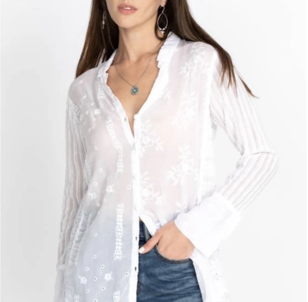 Image of Johnny Was Nyx Detailed Stitching Blouse in White, Women's (Size Small)