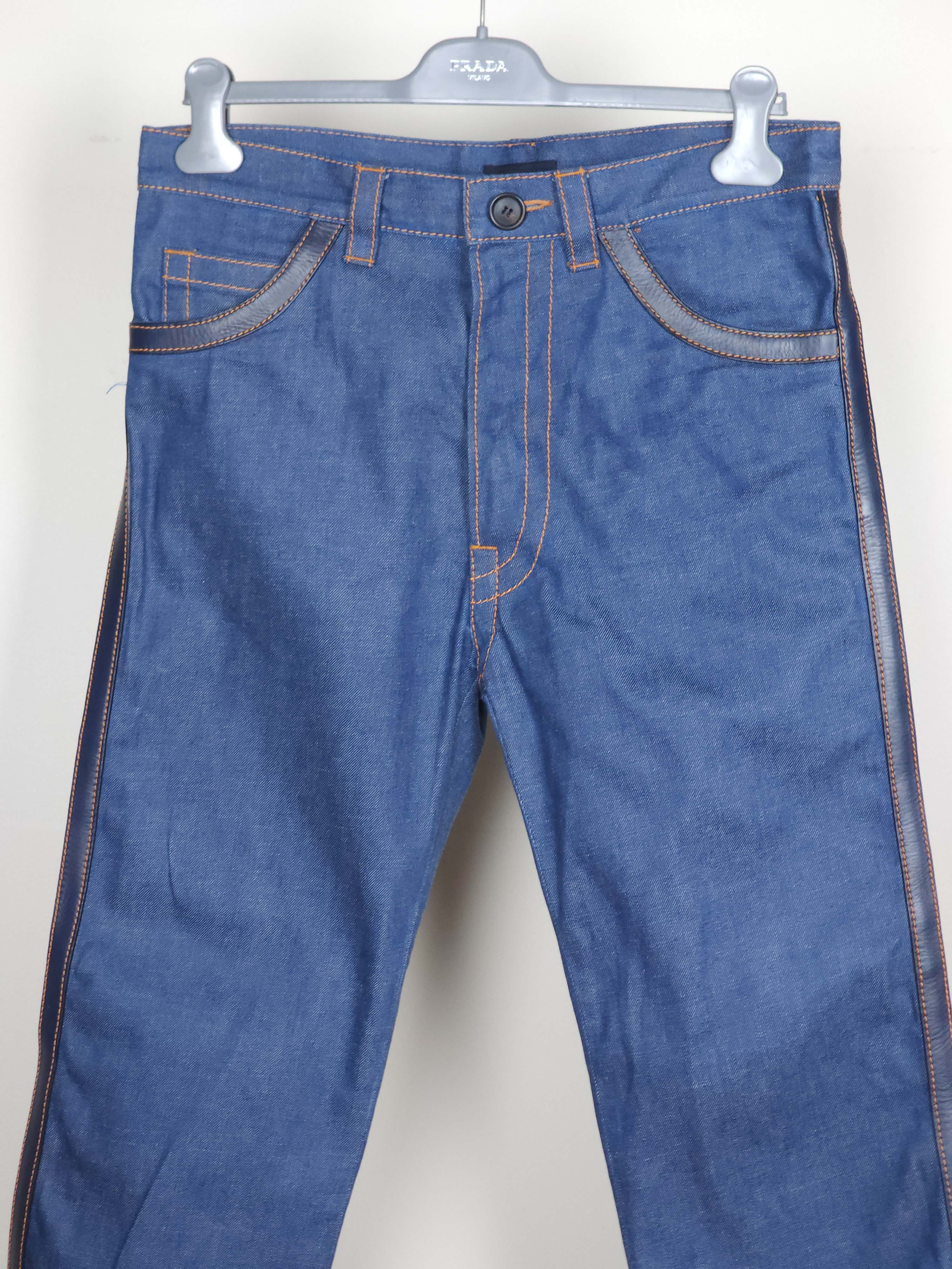 Prada S/S 2015 Unisex Navy Leather Trimmed Blue Jeans Pants Size US 34 / EU 50 - 5 Thumbnail
