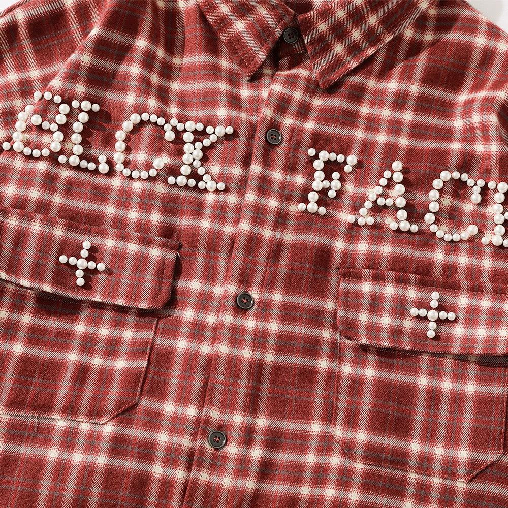 Japanese Brand × Vintage American loose men's trendy beaded letter plaid casual shirt Size US M / EU 48-50 / 2 - 3 Thumbnail