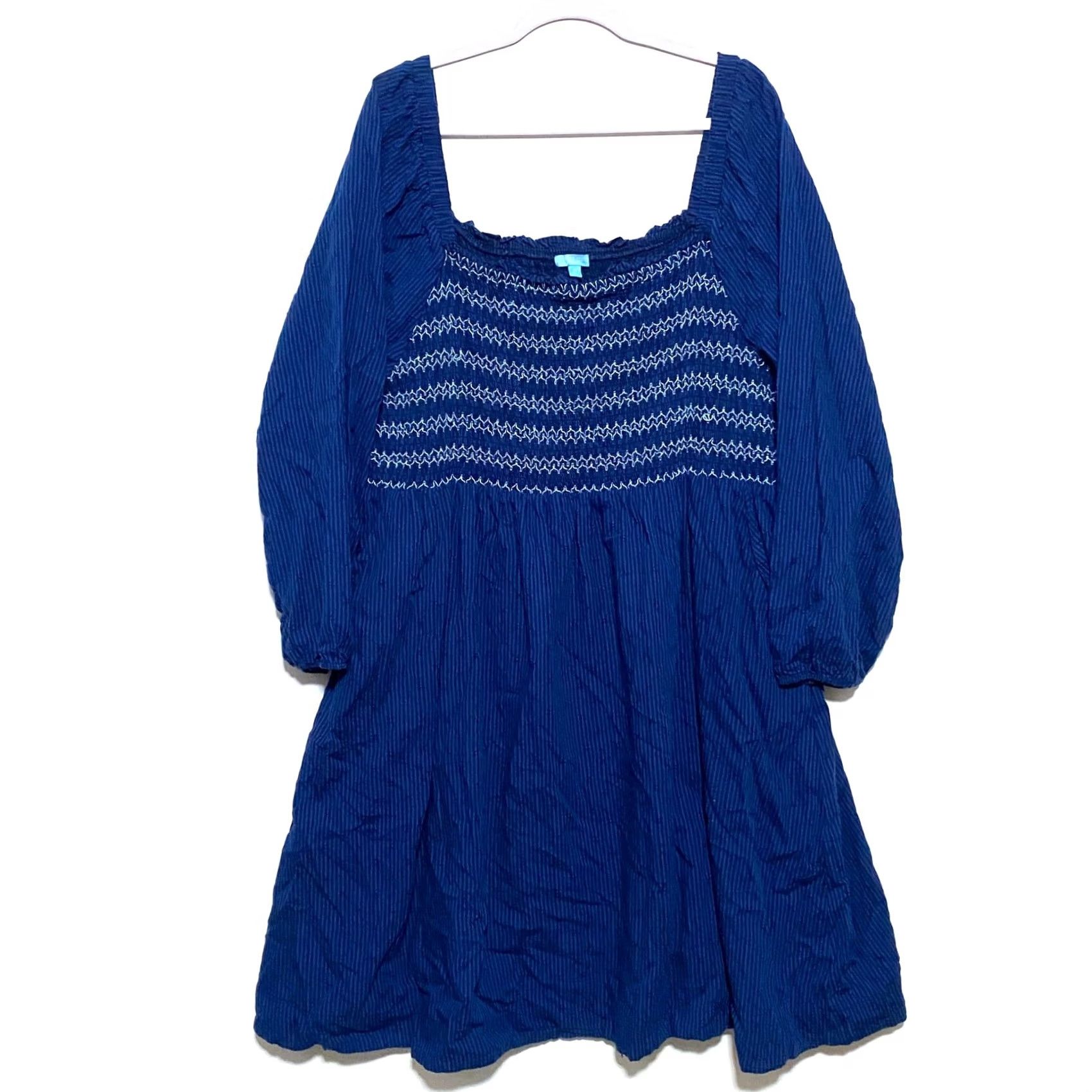 Vintage Draper James Dress Plus 3X Blue Puff Sleeve Smocked Milkmaid Prairie Cottagecore Midi A-Line Women's Casual Wedding Workwear Square Neck Size XXL / US 16-18 / IT 52-54 - 2 Thumbnail