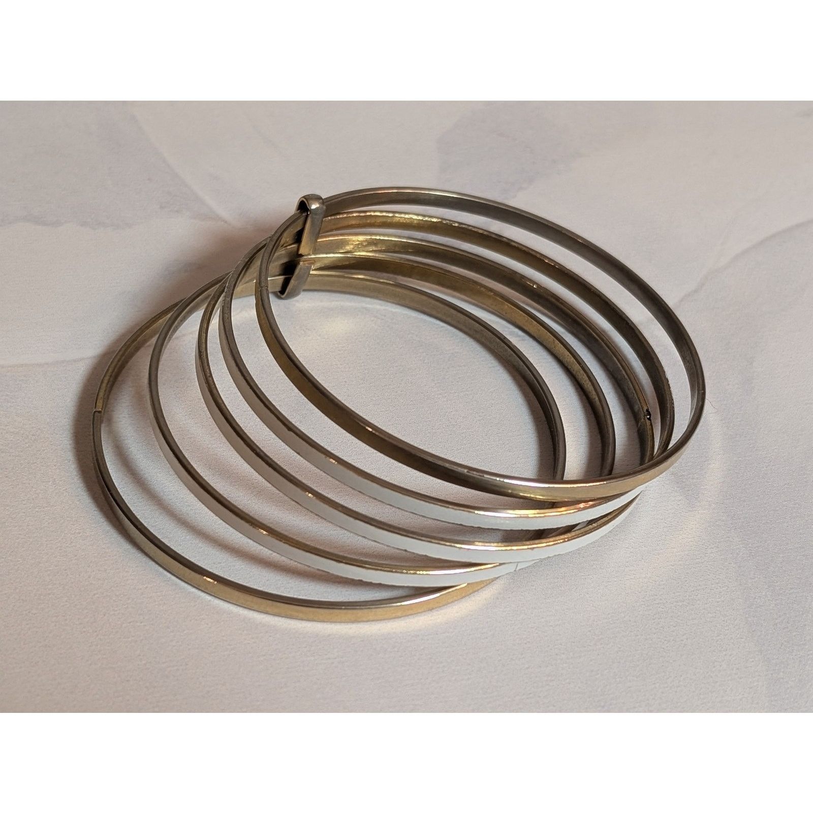 Vintage VTG 1980s Classic Gold-Tone & White Enamel 5-Bangle Bracelet Size ONE SIZE - 3 Thumbnail