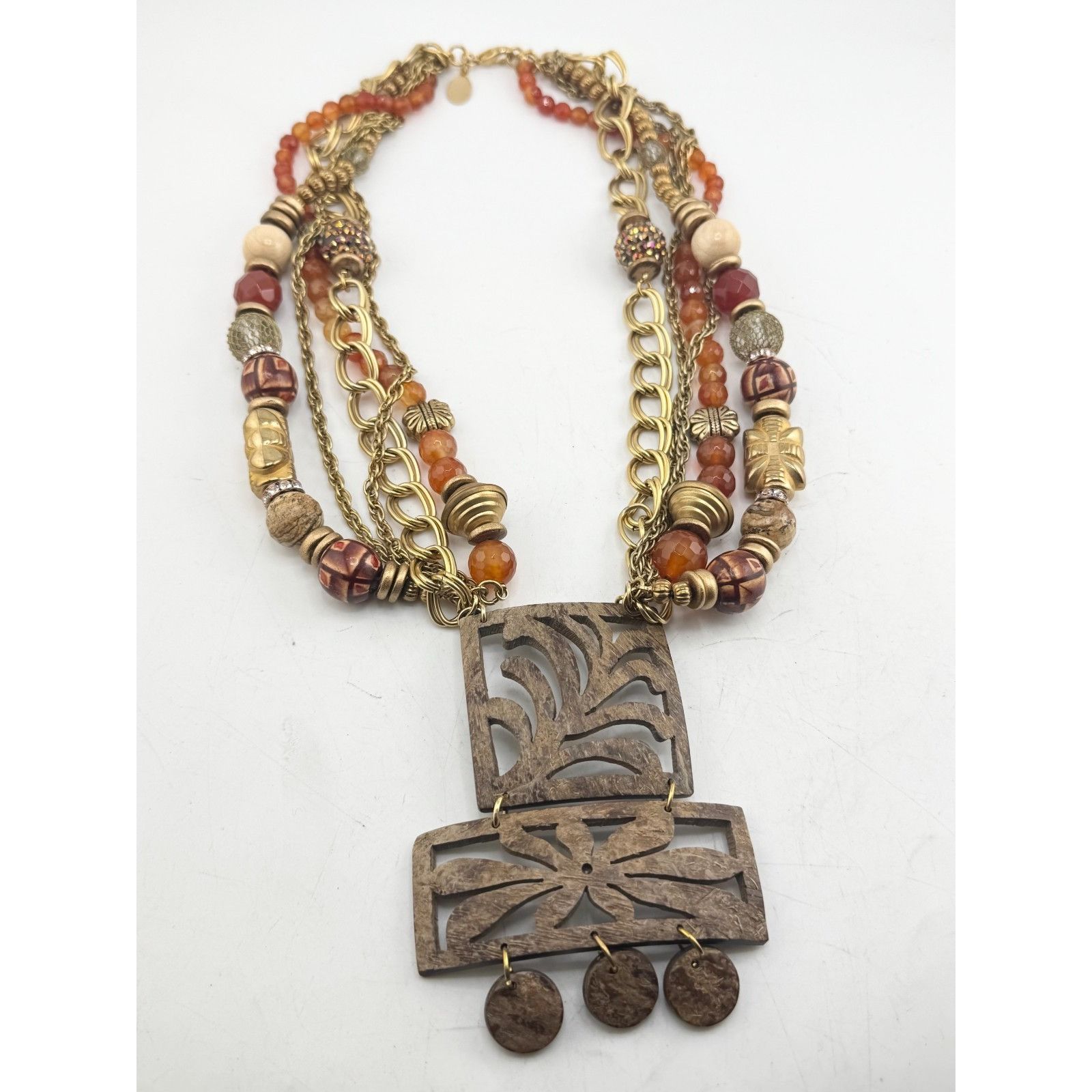 Vintage Vintage multi strand orange glass beaded bamboo wood pendant Size ONE SIZE - 3 Thumbnail