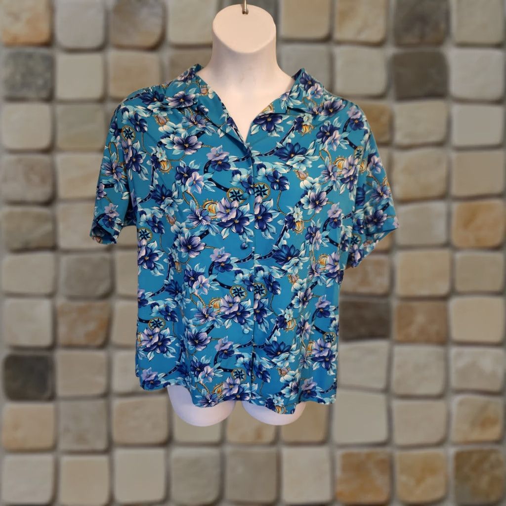 Vintage VINTAGE Koret 90s Blue Floral Short Sleeve Button Up Shirt Top 16W Size XXL / US 16-18 / IT 52-54 - 1 Thumbnail
