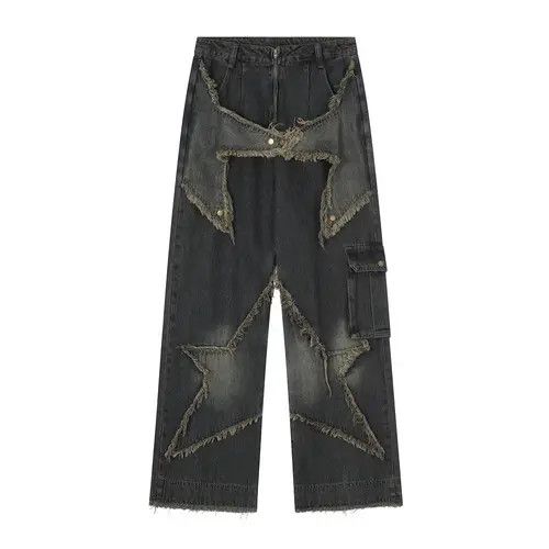 Japanese Brand Star embroidery patchwork wide-leg distressed jeans y2k Size US 34 / EU 50 - 1 Thumbnail