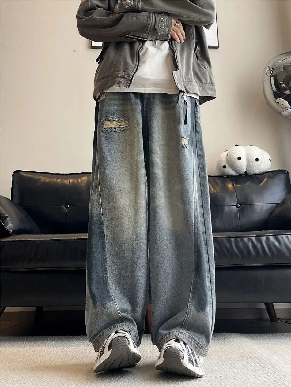 Japanese Brand Retro loose washed wide leg ripped jeans Size US 32 / EU 48 - 6 Thumbnail