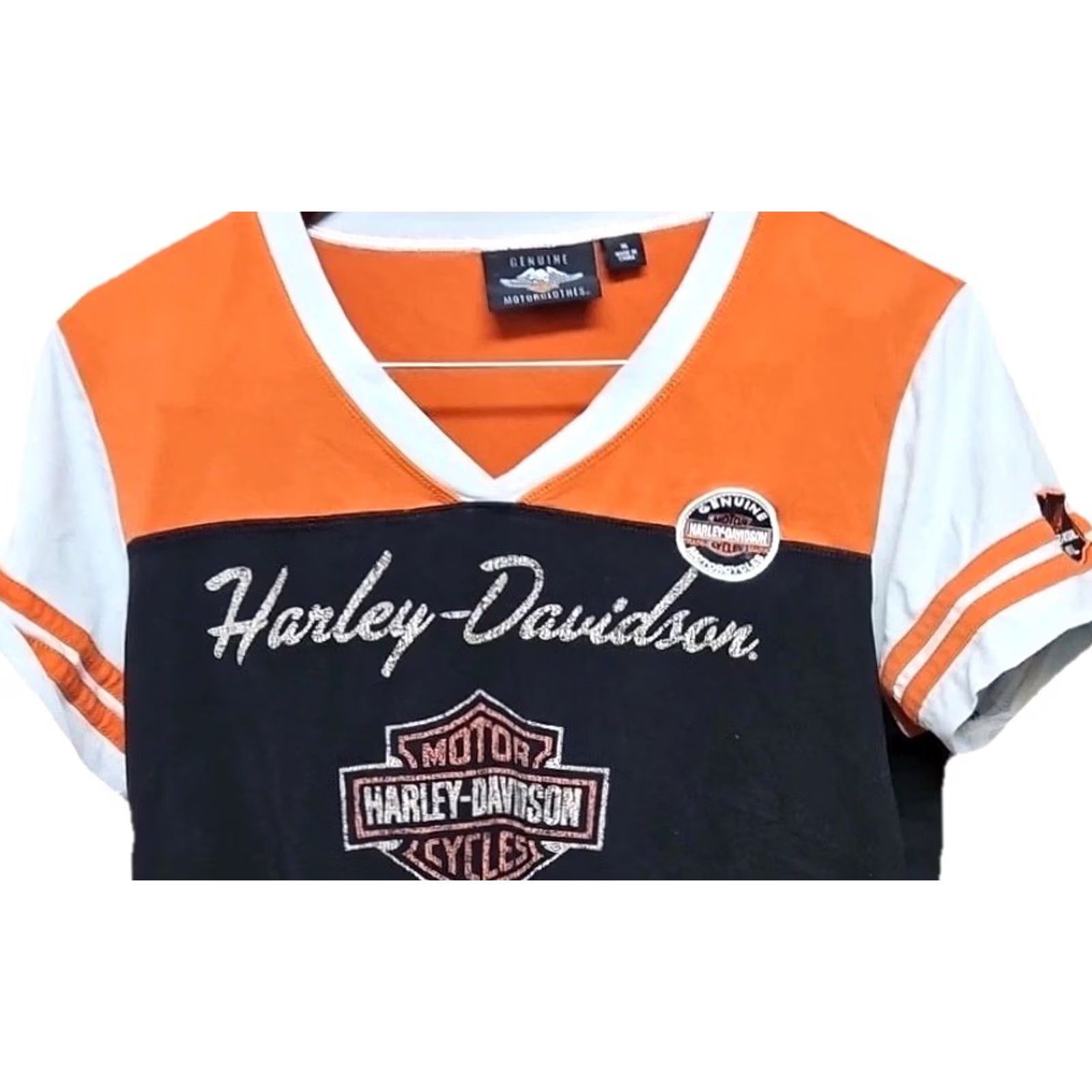 Harley Davidson Y2K Harley-Davidson Women's XL Black Color Block V-Neck Biker Jersey Tee Size XL / US 12-14 / IT 48-50 - 3 Thumbnail