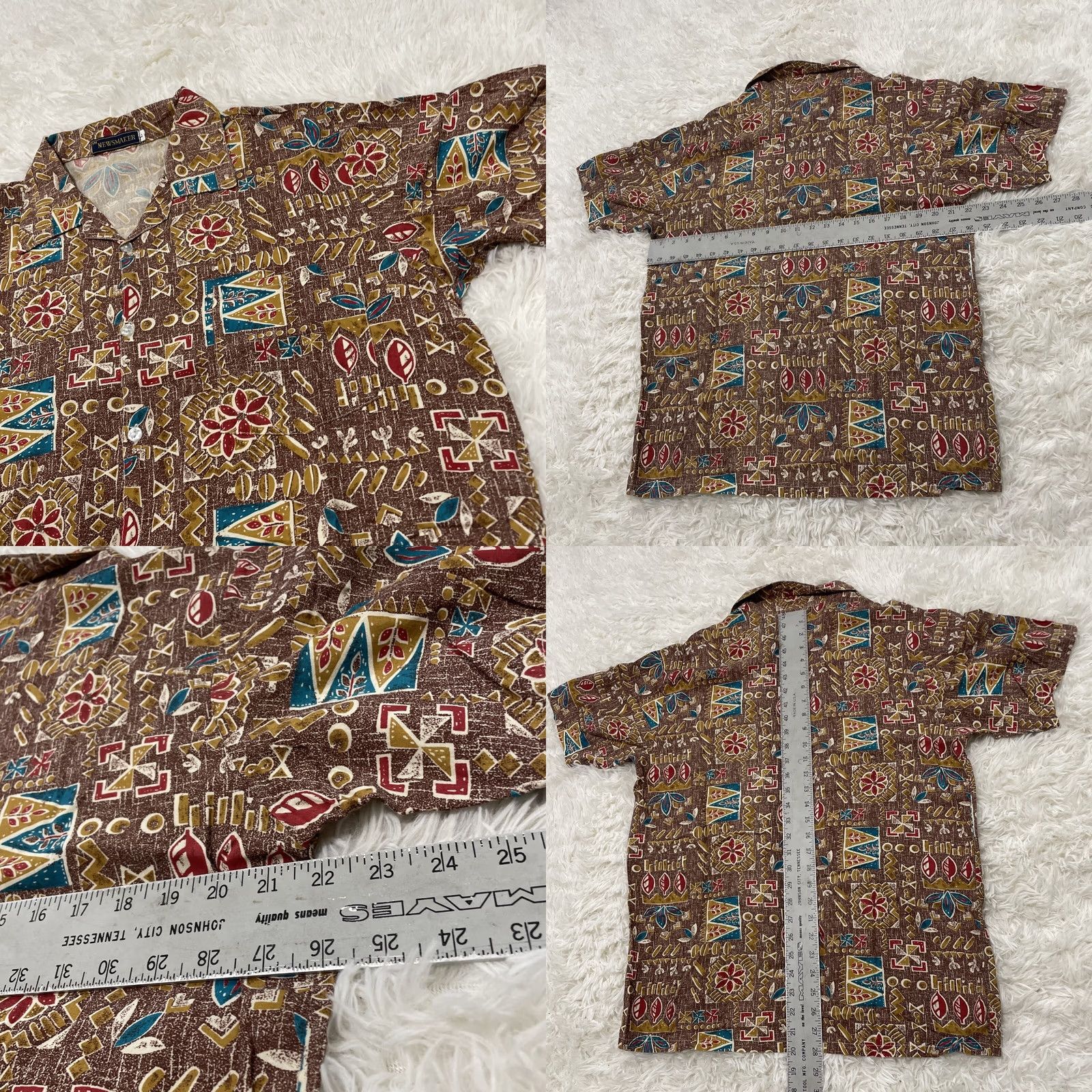 Vintage NEWSMAKER Shirt Mens L vtg 1990s Geometric Hawaiian Aztec Southwestern Brown Blue Cotton Button-Up Short Sleeve Size US L / EU 52-54 / 3 - 8 Thumbnail