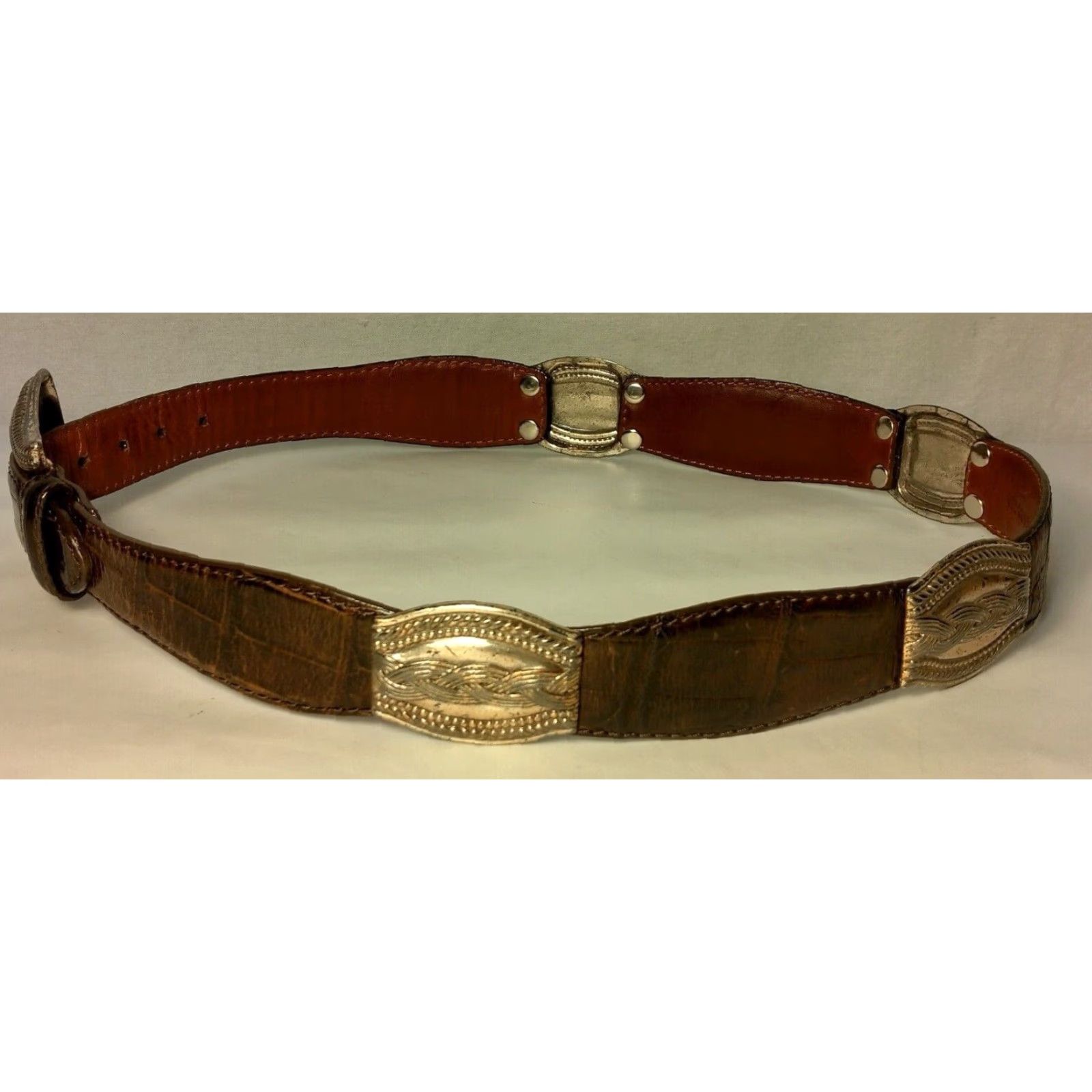 Fossil Fossil Belt Women Medium Brown Leather Metal Links Adjustable Distressed Size ONE SIZE - 4 Thumbnail