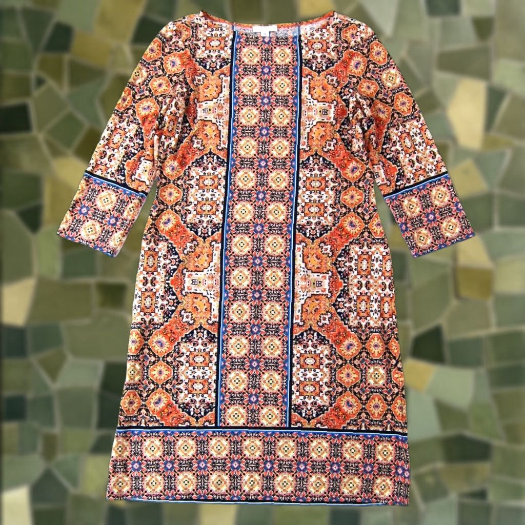 Vintage VINTAGE London Times Orange Blue Black Geo Floral Stretch 3/4 Sleeve Shift Dress 10 Size L / US 10 / IT 46 - 1 Thumbnail
