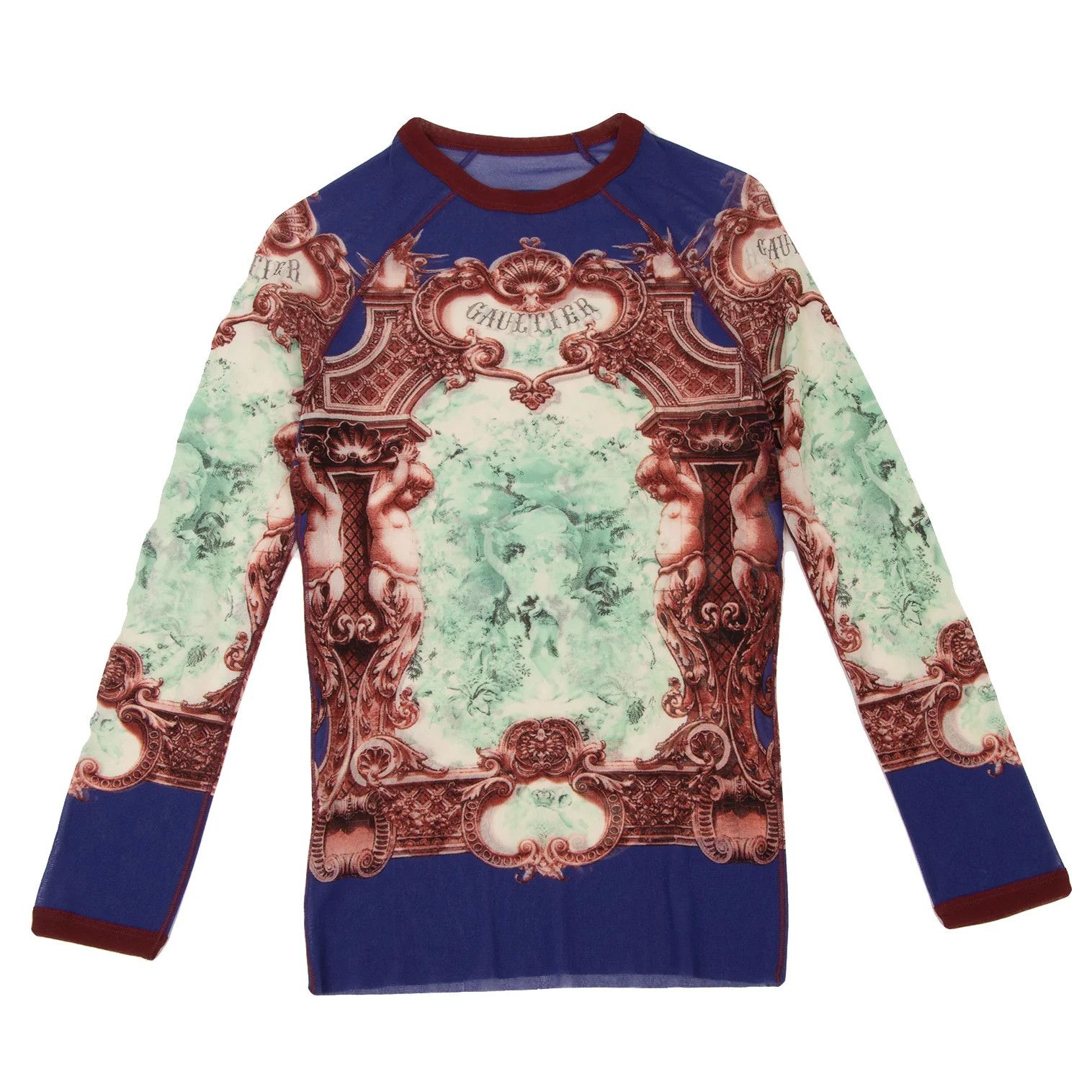 Jean Paul Gaultier Gothic Print Power Net Cut Sew Top in Blue Red Mint Size US M / EU 48-50 / 2 - 1 Thumbnail
