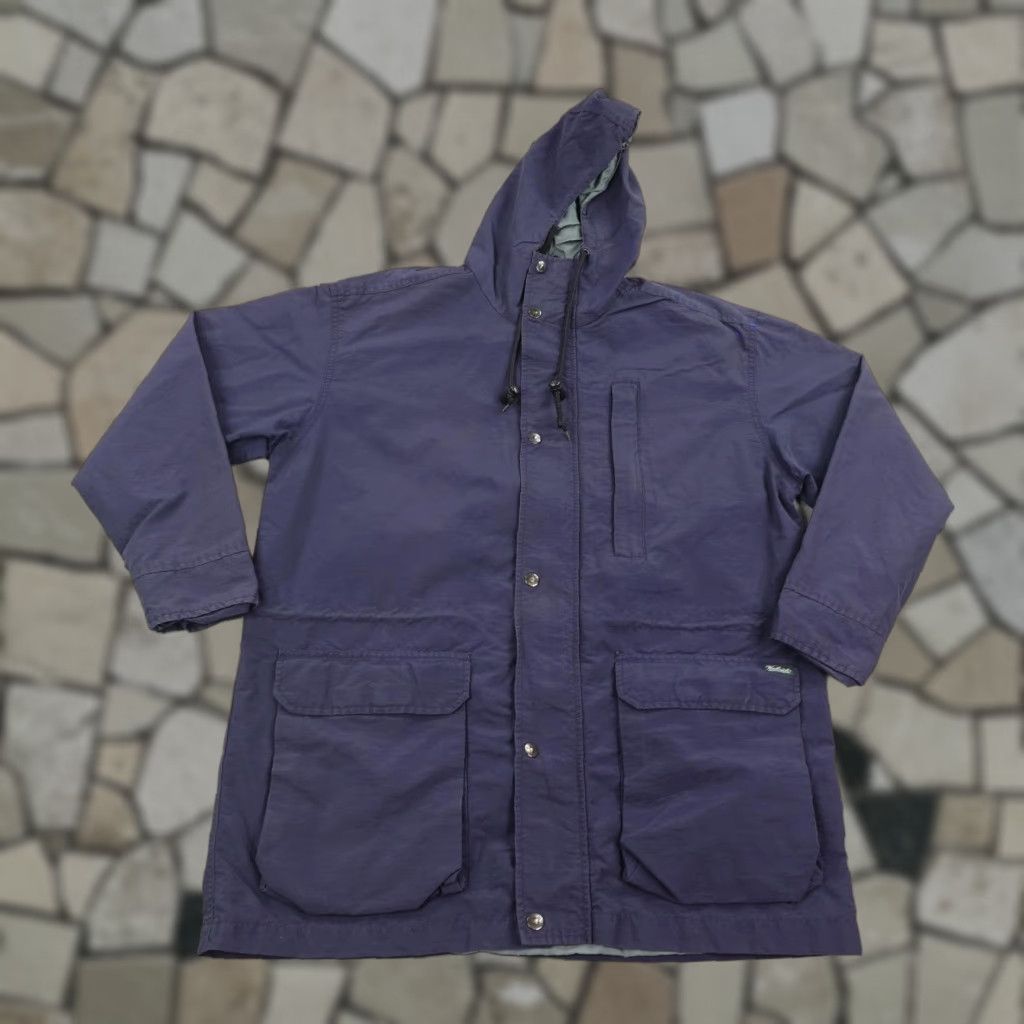 VINTAGE Woolrich Jacket Mens M Blue Field Coat Windbreaker Hooded Rain Coat Parka 90s Outdoor Windproof Logo Zipper Pockets