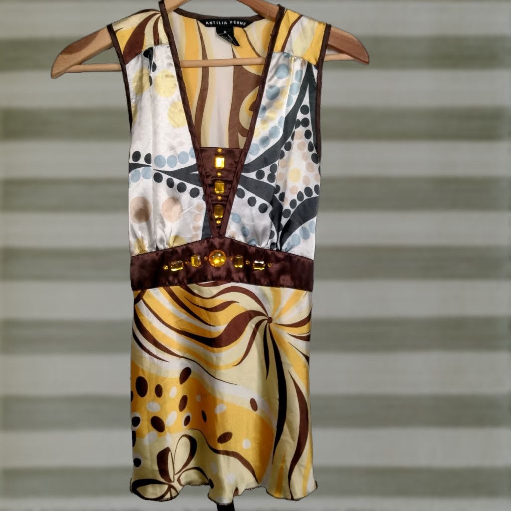 Vintage VINTAGE Antilia Femme Shirt Tank Sleeveless Satin Bling Yellow Brown Tie V-Neck M Women's Blouse Size M / US 6-8 / IT 42-44 - 1 Thumbnail