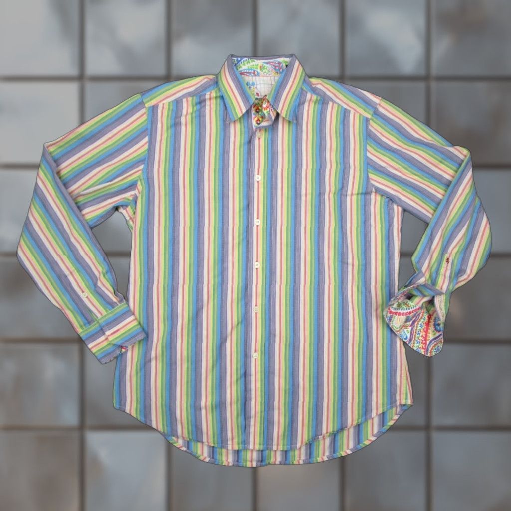 Robert Graham Shirt Mens Medium Blue Striped Button Up Dress Shirt Colorful Work Flip Cuff