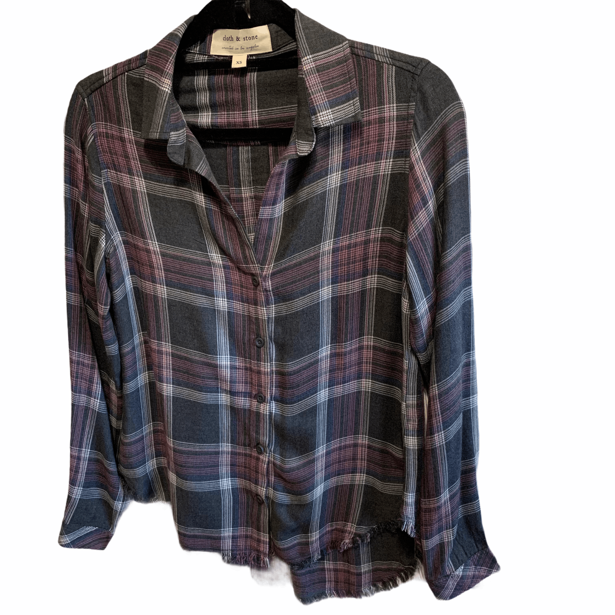 Anthropologie Cloth & Stone Fringe Raw Hem Plaid Button Down Shirt XS Size XS / US 0-2 / IT 36-38 - 1 Thumbnail
