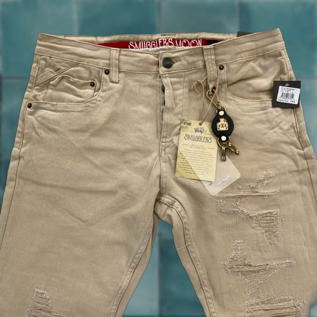 Denime Smugglers Moon Jeans Mens 38x33 Khaki Beige Denim Button Fly Roll Up Distressed Slim 5-Pocket Gothic Punk Rock Skull Mens Jeans Size US 38 / EU 54 - 1 Thumbnail
