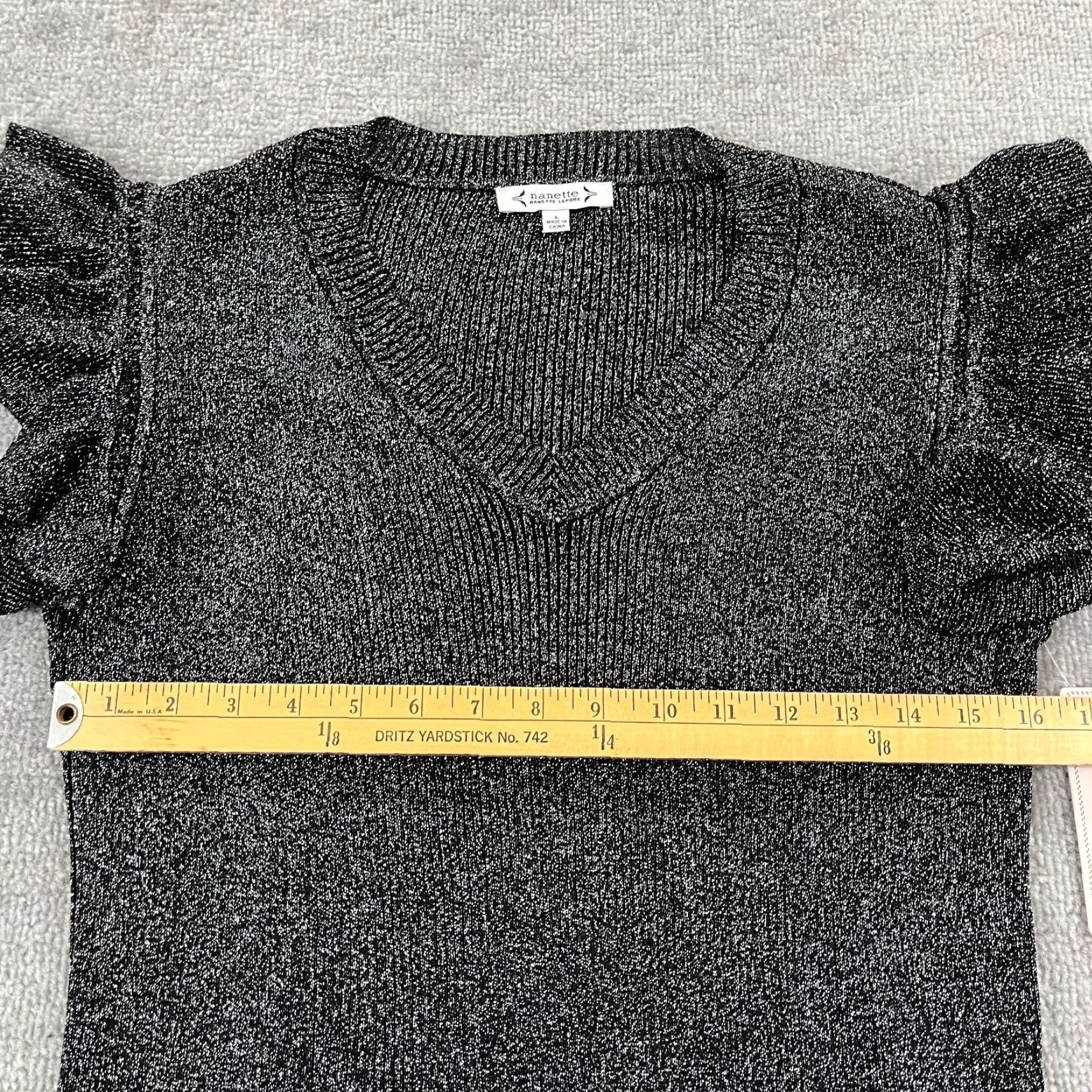 Nanette Lepore NANETTE LEPORE Blouse Womens Large Black Silver Ruffle Short Sleeve Casual Stretch Size L / US 10 / IT 46 - 7 Thumbnail