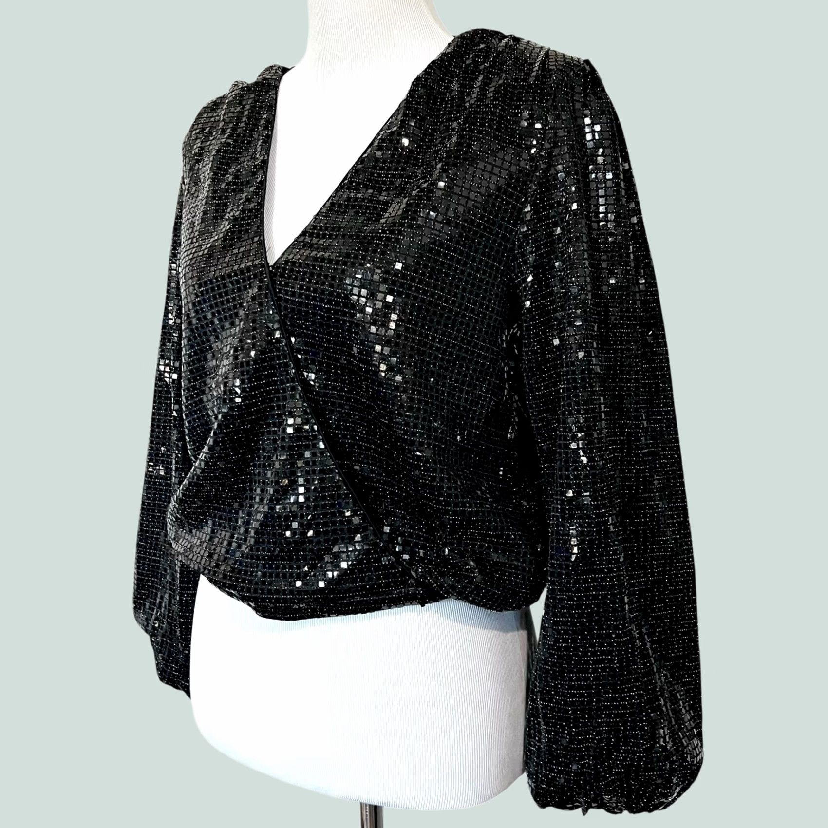 Vintage Womens Black Sequin Top Wrap Style V-Neck Long Balloon Sleeves Party Glam Sz M Size M / US 6-8 / IT 42-44 - 1 Thumbnail
