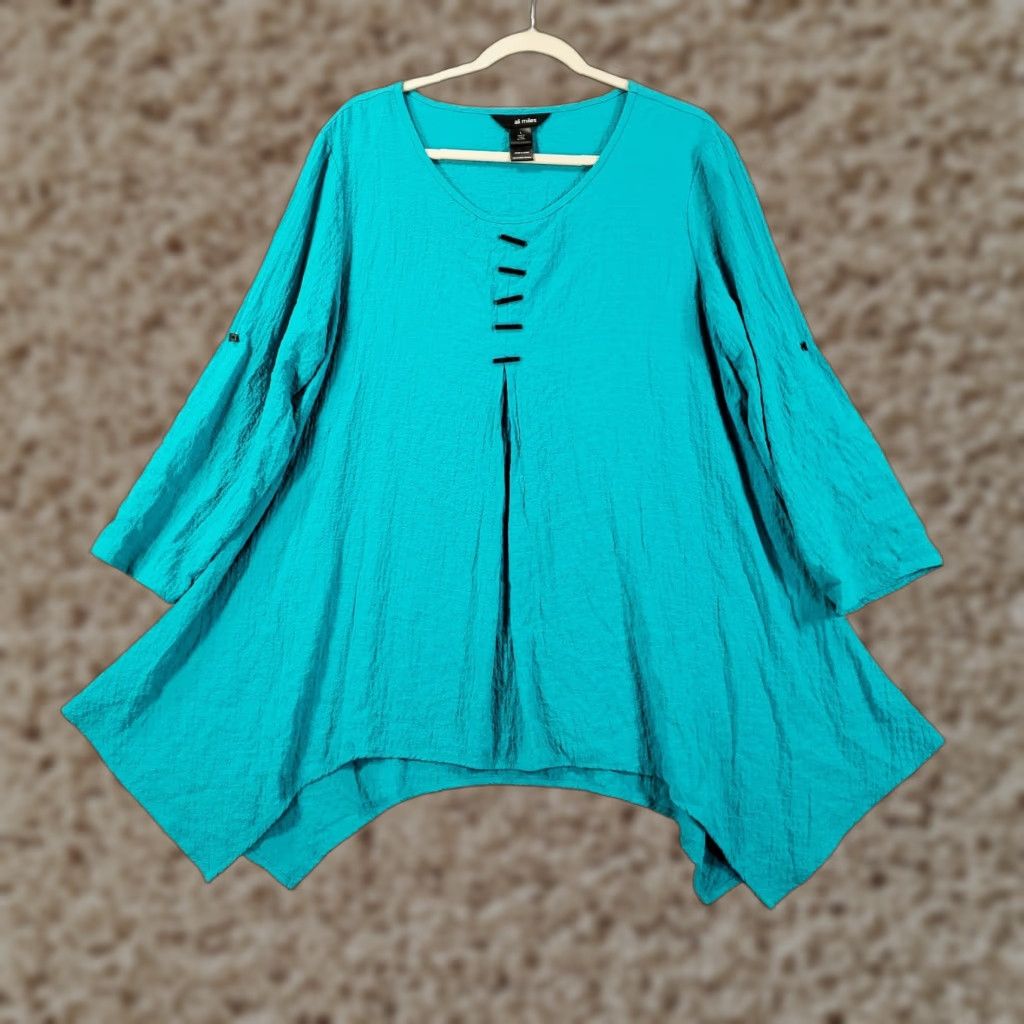 Vintage Ali Miles Tunic Womens Large Blue Green Asymmetric Button Accent 3/4 Sleeve Round Neck Relaxed Fit Purple? Size L / US 10 / IT 46 - 1 Thumbnail