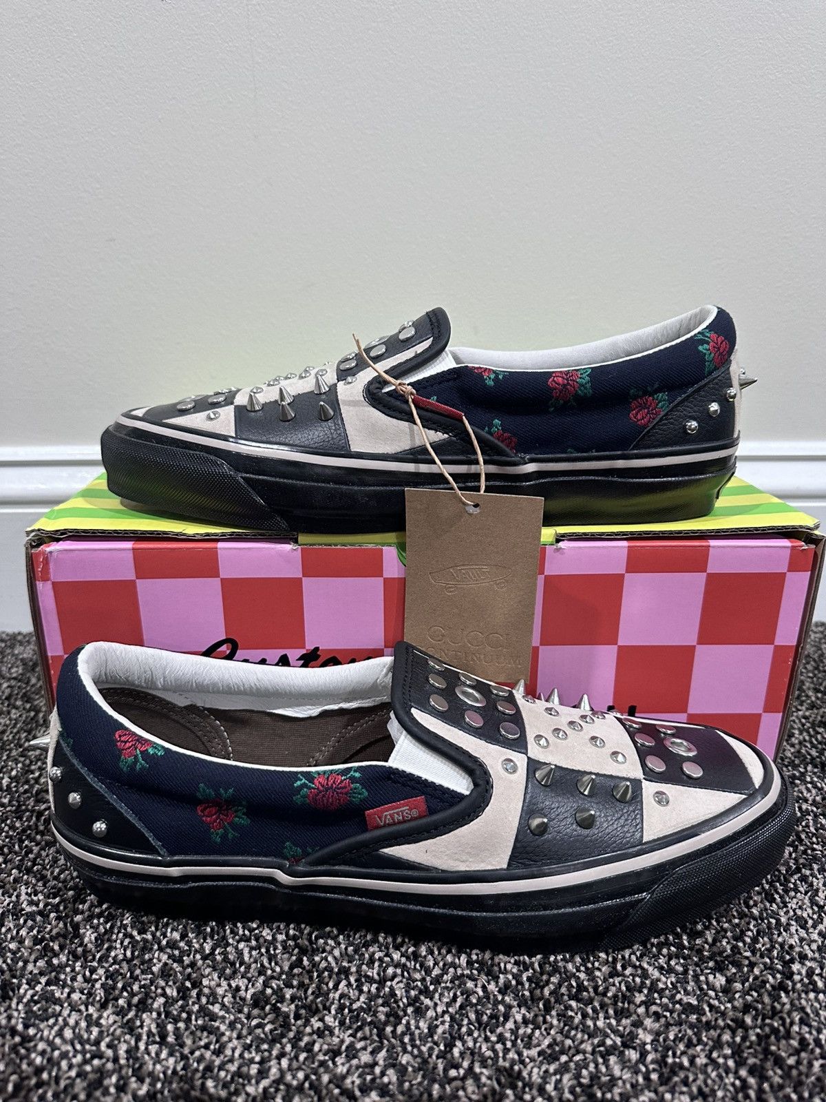 Gucci Gucci x Vans Black Checkered Leather Suede Studded Slip Ons Size US 9 / EU 42 - 11 Thumbnail