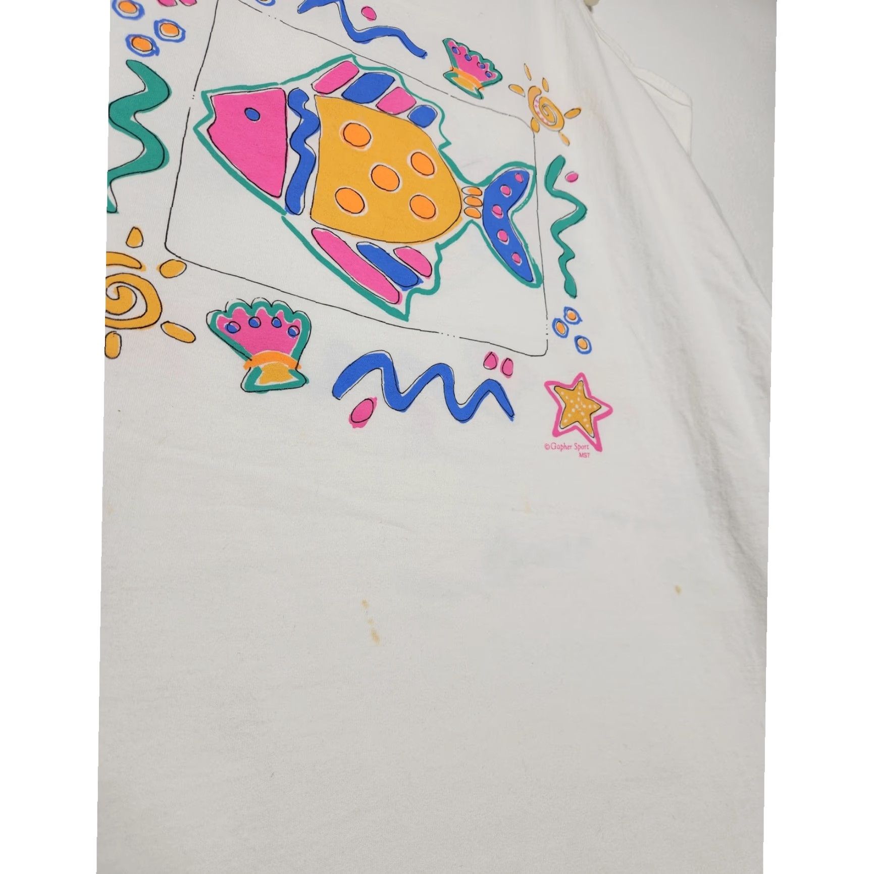 Vintage VINTAGE Shirt Dress Women One Size White Coastal Art Nature All Over 90s 80s Fish Dress Top Cover All Over Size ONE SIZE - 5 Thumbnail