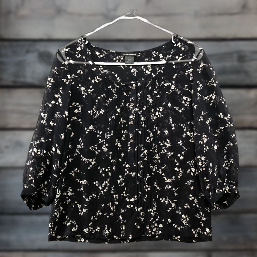 Club Monaco Club Monaco Women's XS Black Floral 100% Silk Popover Top 3/4 Sleeve Pintuck Blouse Size XS / US 0-2 / IT 36-38 - 1 Thumbnail