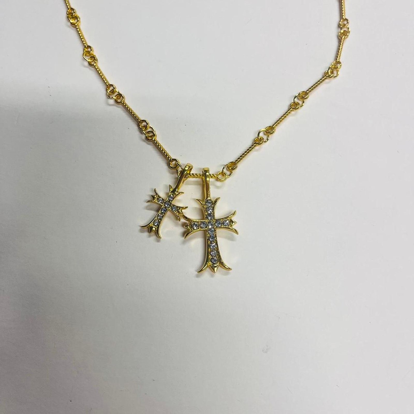 Farah Vintage y2k style Double cross gold Necklace. Rhinestone Size ONE SIZE - 4 Thumbnail