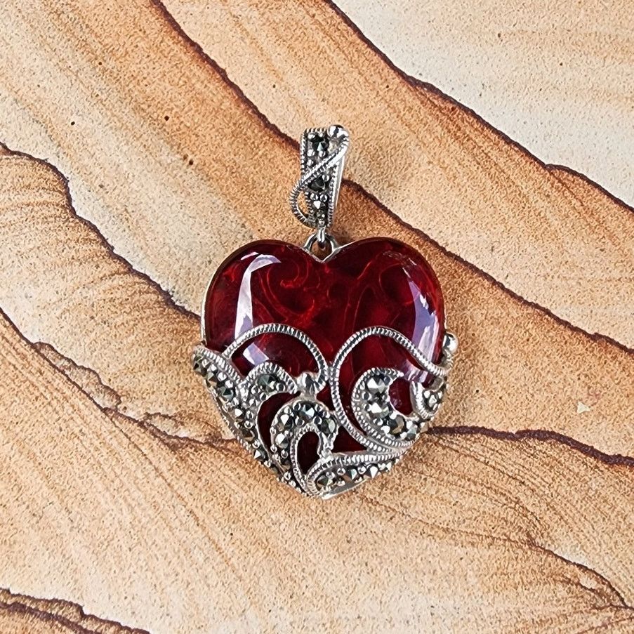 Designer Ross-Simons Sterling Silver Marcasite Glass Heart Pendant Size ONE SIZE - 4 Thumbnail