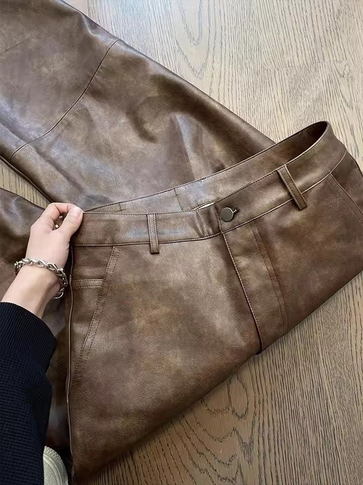 Leather Washed Brown Soft Pu Leather Pant Size US 35 - 7 Thumbnail