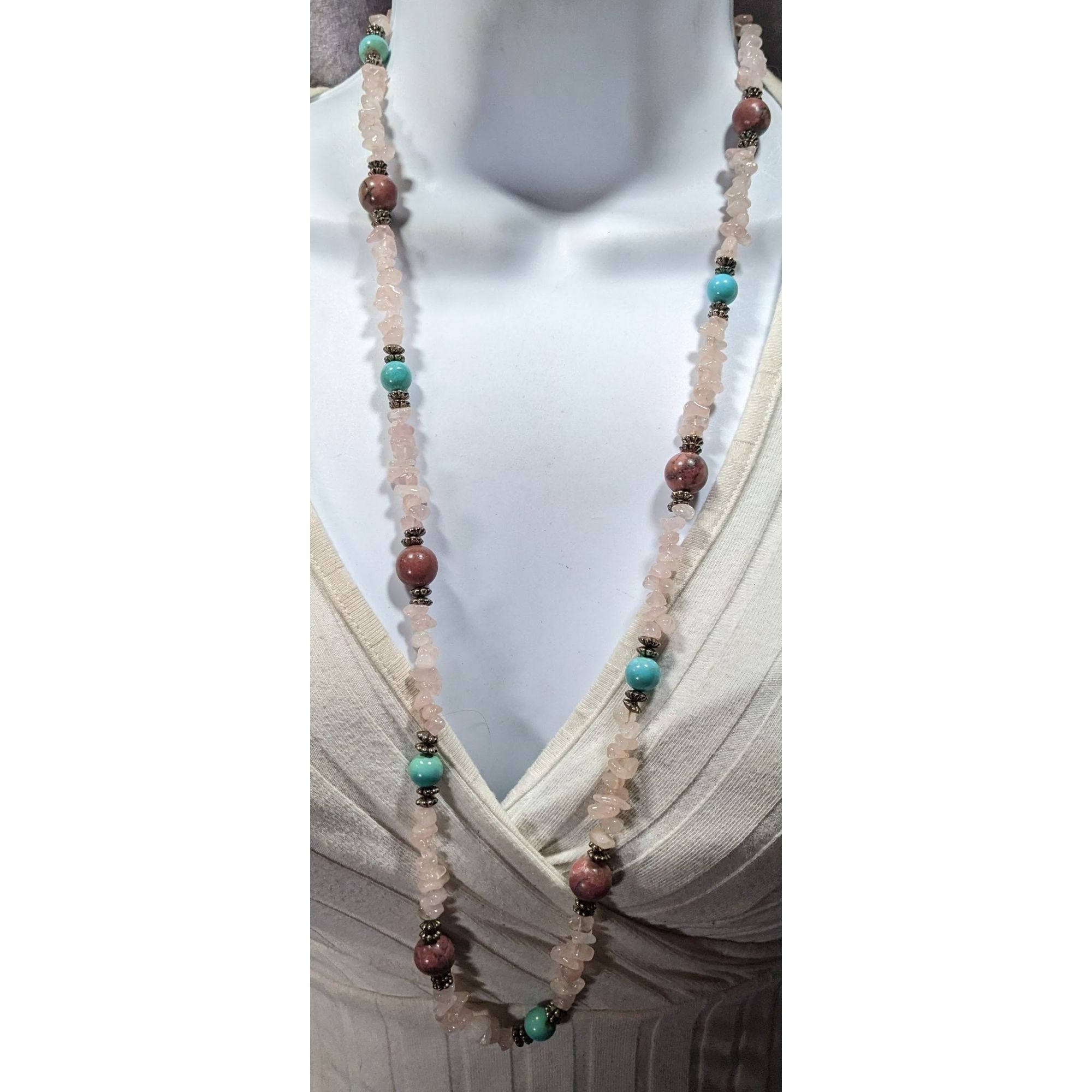 Handmade Vintage Handmade Rose Quartz Turquoise And Agate Beaded Neck Size ONE SIZE - 2 Thumbnail