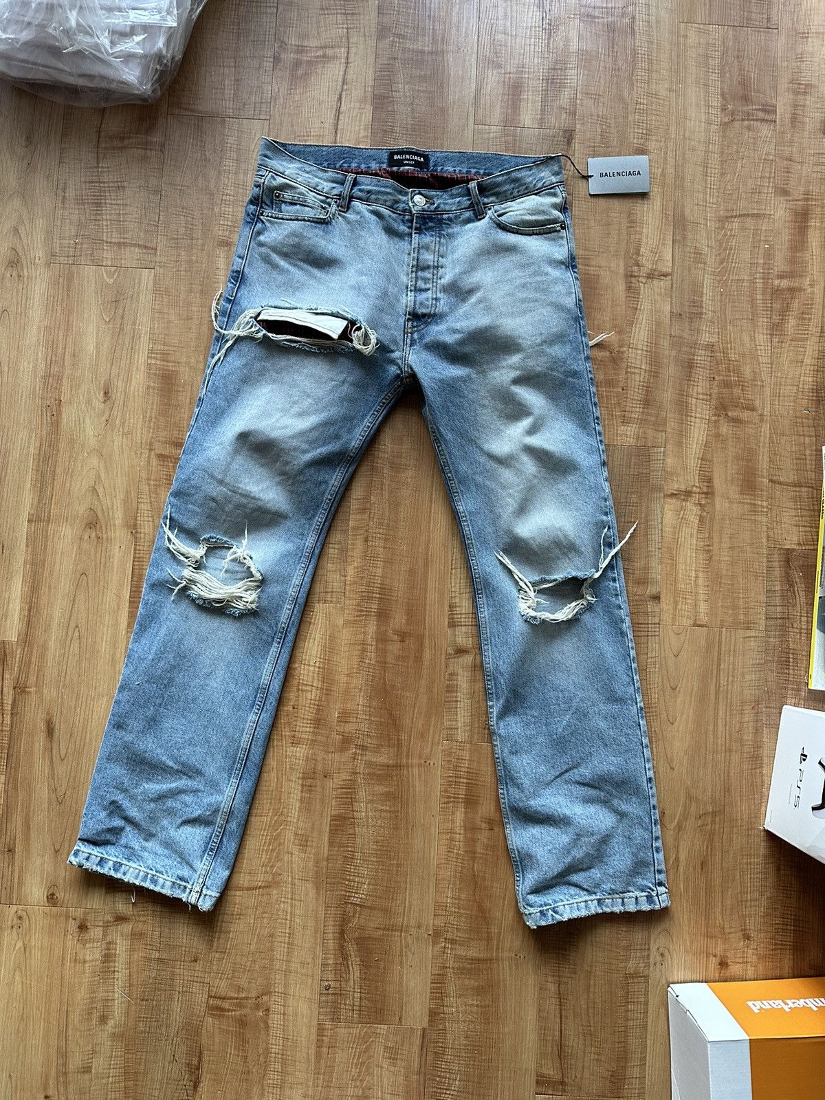 BALENCIAGA RAVER RELAXED FIT WIDE LEG PALE BLUE 2 In 1 DENIM JEANS SIZE: 32