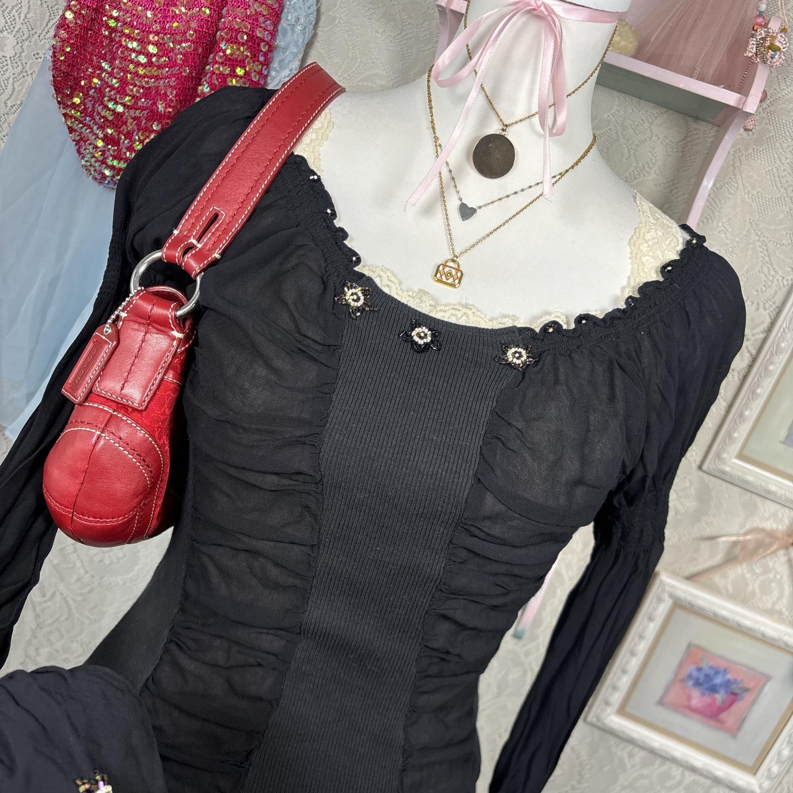 Other vintage euro silky beaded flowy blouse Size L / US 10 / IT 46 - 3 Thumbnail