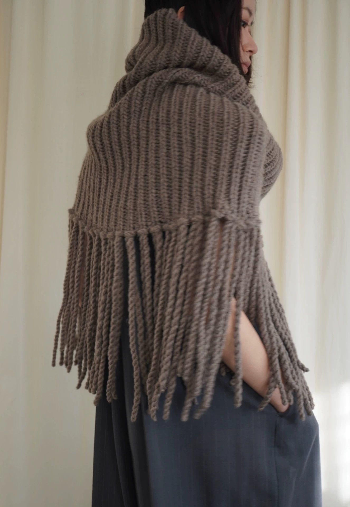 Other zooSelect Hand Knit Cowl Fringes Wool Nylon Walnut Brown Size ONE SIZE - 3 Thumbnail