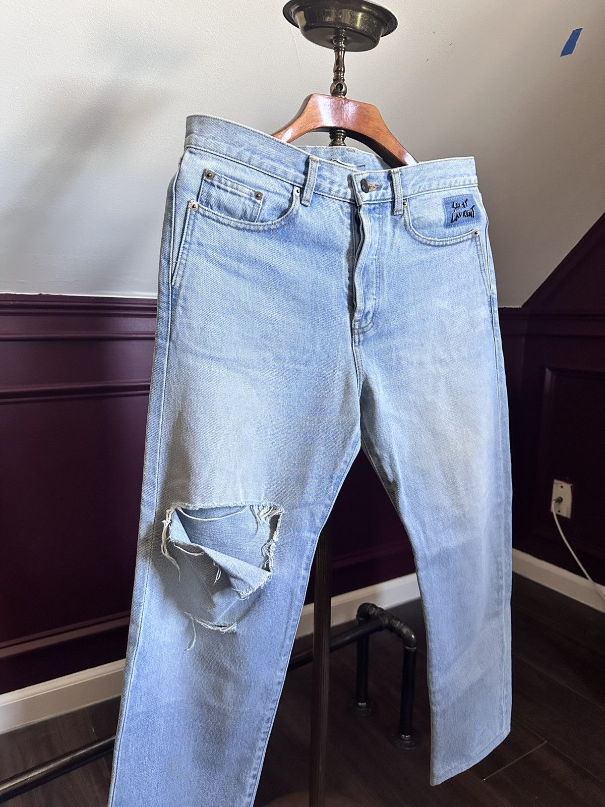 Saint Laurent Paris Japanese light wash logo stitched straight cropped jeans Size US 31 - 2 Thumbnail