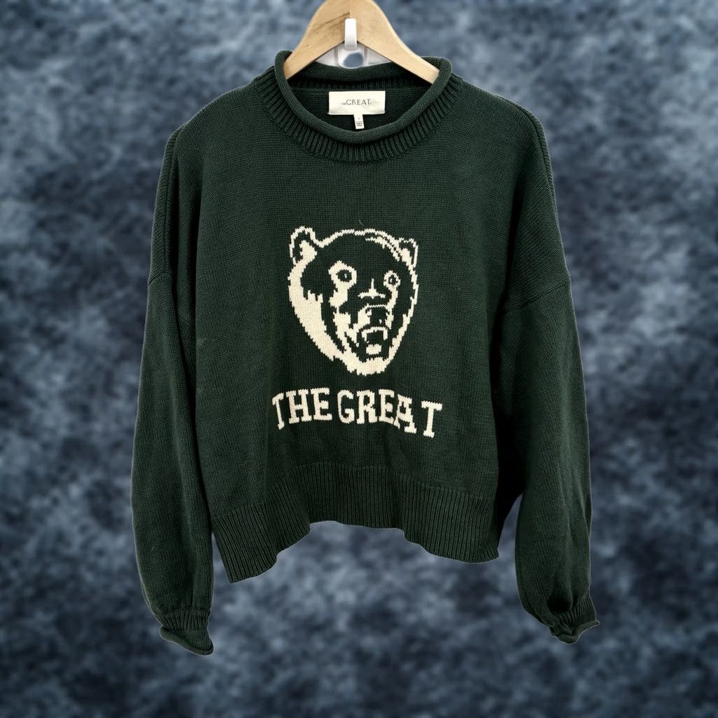 THE GREAT The Great Sweater Small Ivy Roll Neck Pullover Women S Green Cotton Knit Logo Embroidered Vintage Preppy 90s Money Classic Casual Business Size S / US 4 / IT 40 - 1 Thumbnail