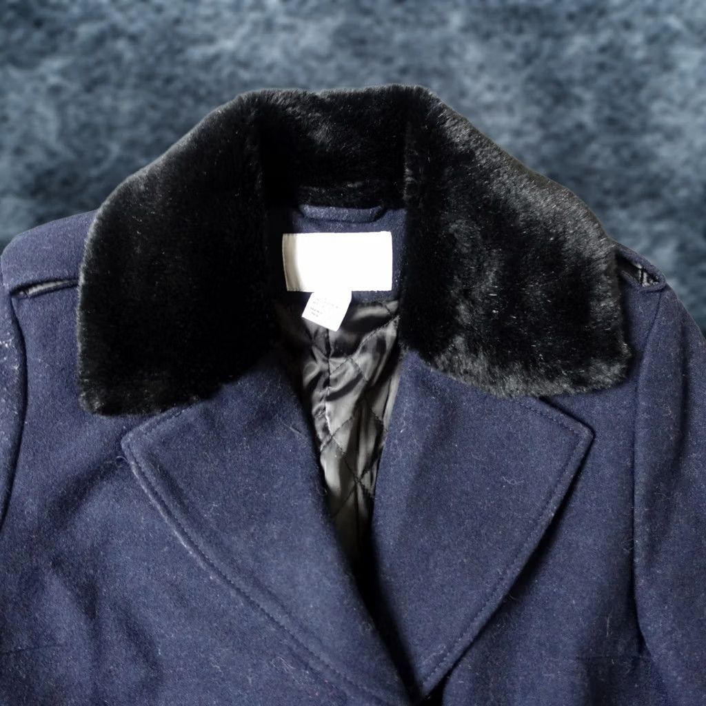 H&M H&M Coat Womens 4 Blue Wool Faux Fur Collar Moto Style Pea Jacket Classic Soft Coat Jacket Motorcycle Biker Classic Size S / US 4 / IT 40 - 1 Thumbnail