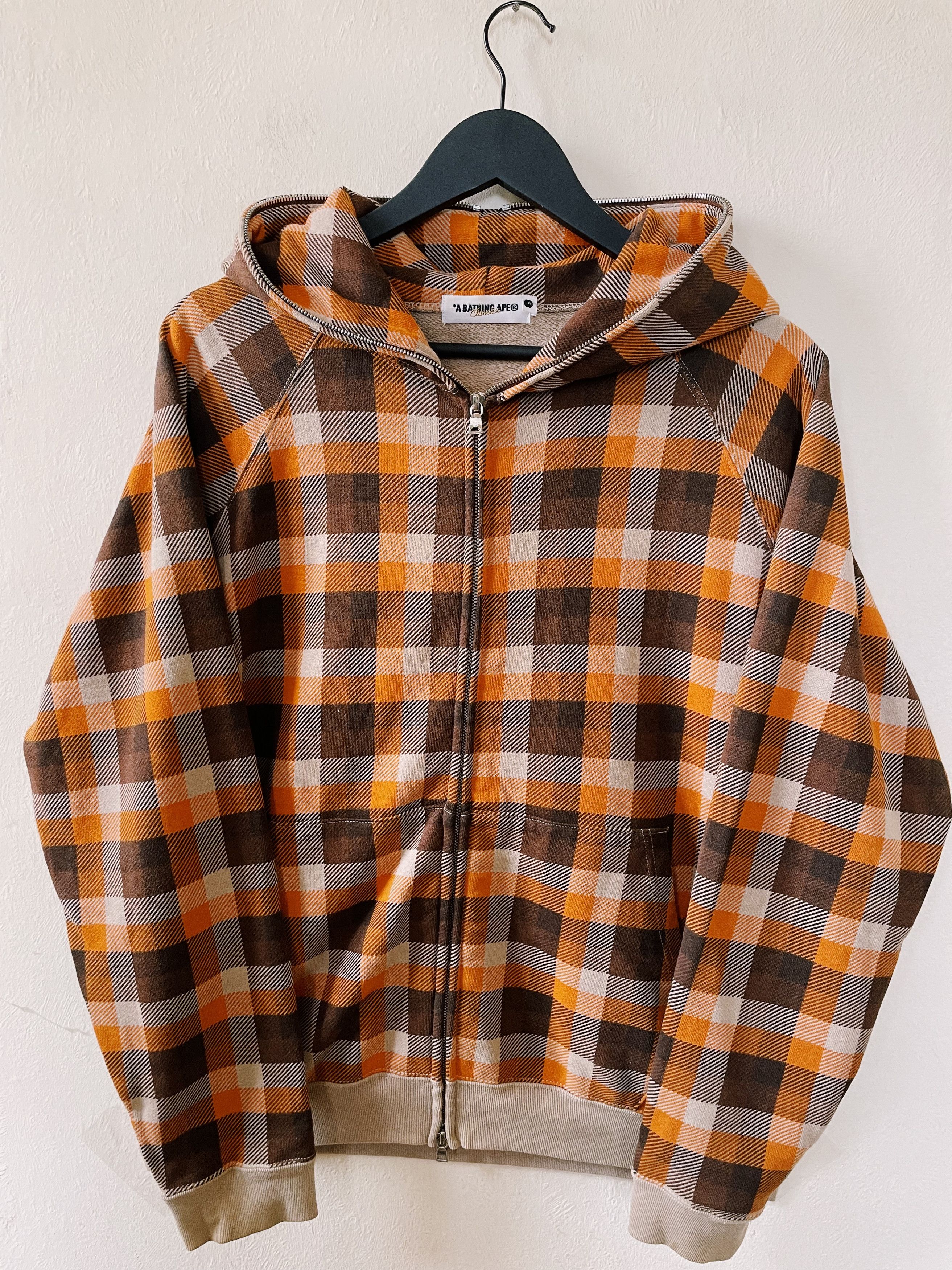 Pre-owned Bape X Vintage Y2k Bape A Bathing Ape Check Fullzip Hoodie In Brown/orange