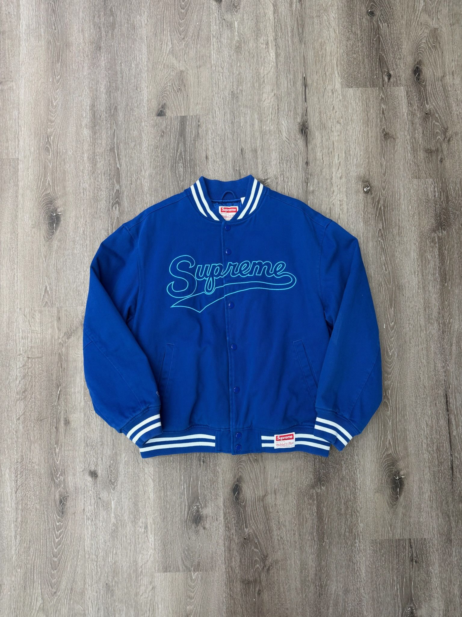 Supreme Supreme x Mitchell & Ness "Doughboy" Twill Varsity Jacket (BLUE) Size US L / EU 52-54 / 3 - 1 Thumbnail