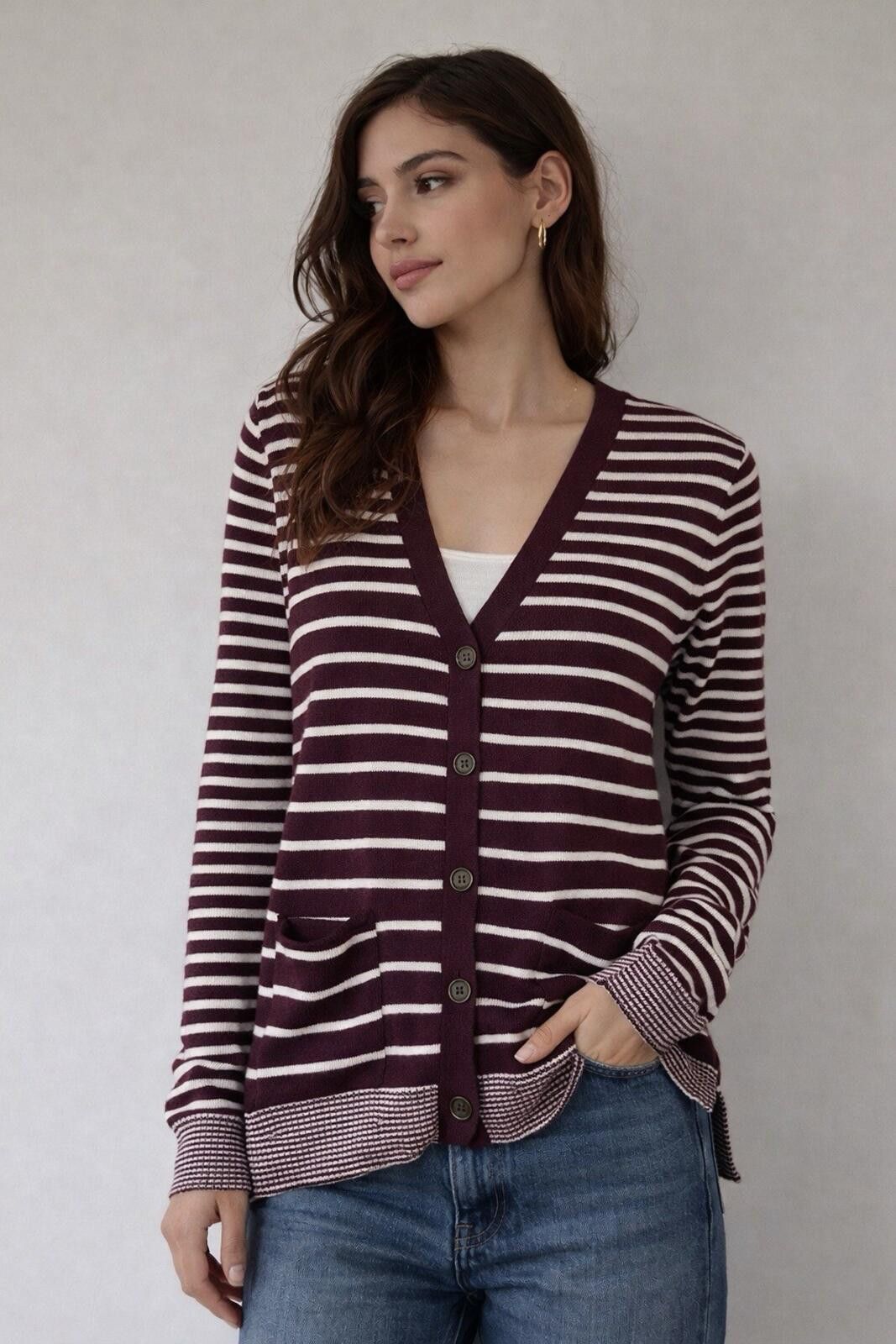 Other Kerisma Burgundy Striped Cardigan V-Neck Button Front Women Size M / US 6-8 / IT 42-44 - 1 Thumbnail