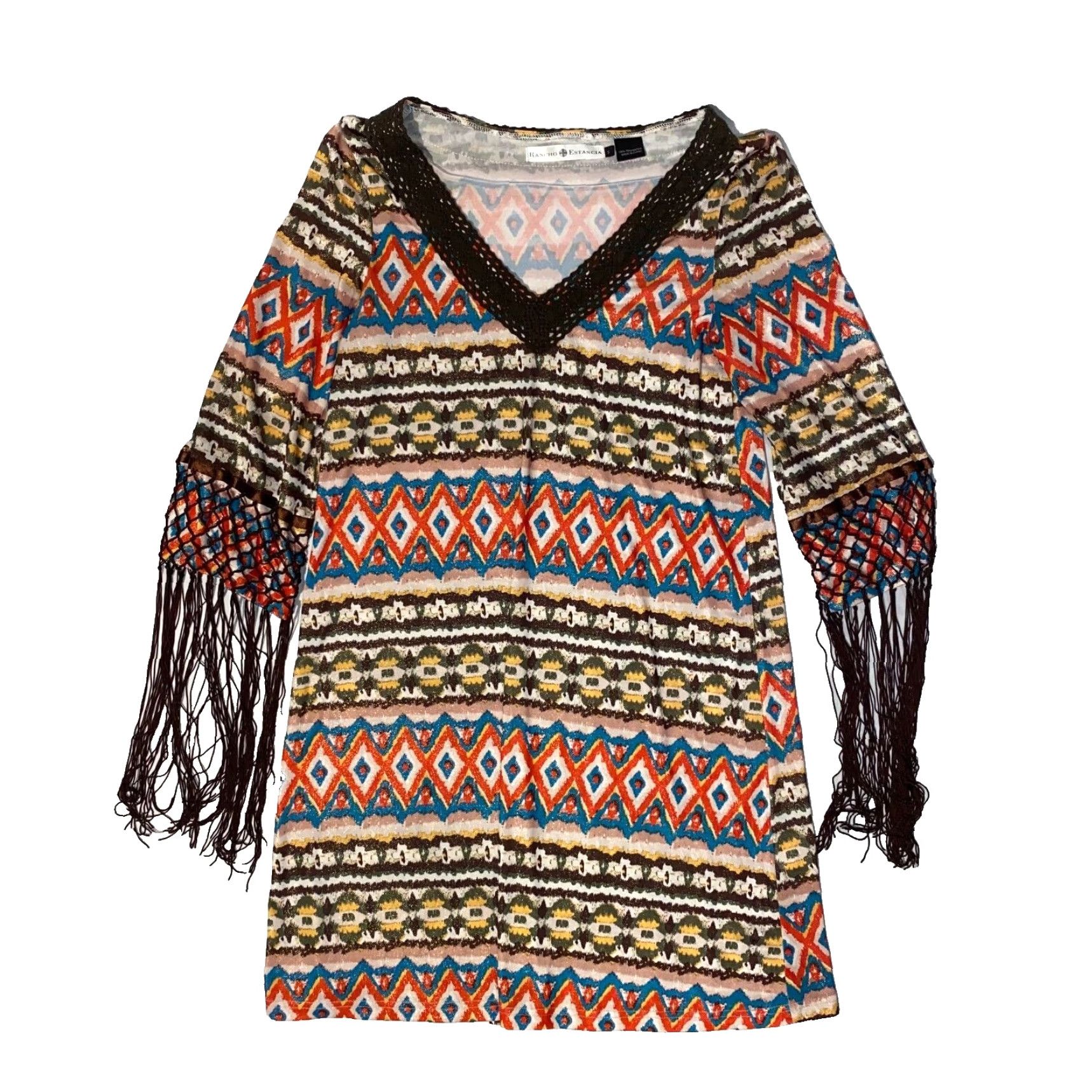 Bell Rancho Estancia Mini Dress Tunic Geometric Aztec Bell Sleeve Tassel Multicolor Short Dress S Womens Size S / US 4 / IT 40 - 2 Thumbnail