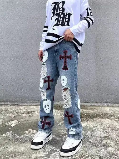 Japanese Brand High street heavy embroidered ripped straight jeans Size US 32 / EU 48 - 2 Thumbnail