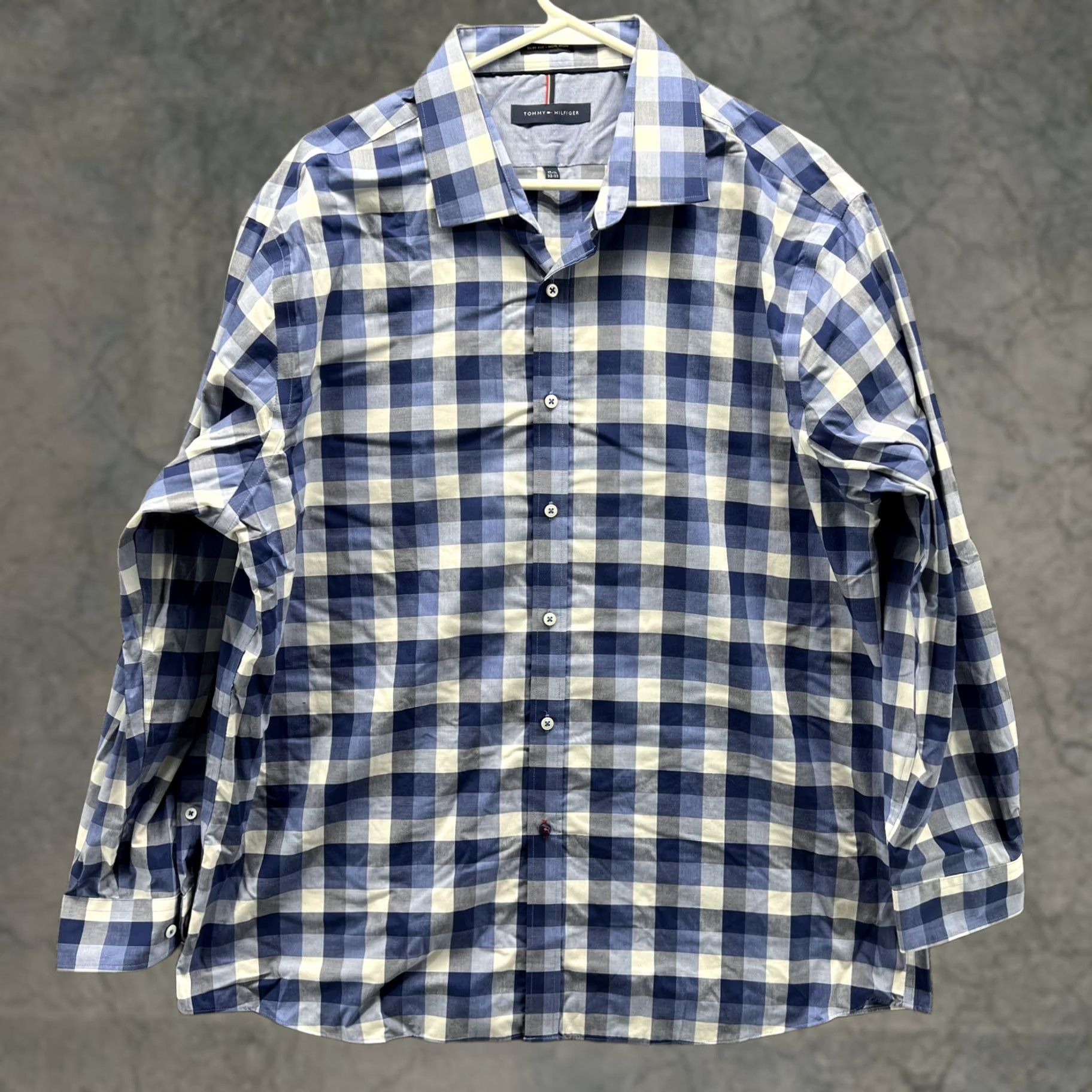 Tommy Hilfiger Tommy Hilfiger Dress Shirt Mens 17.5 32/33 Blue Check Slim Non Iron Long Sleeve Shirt Size 48R - 1 Thumbnail