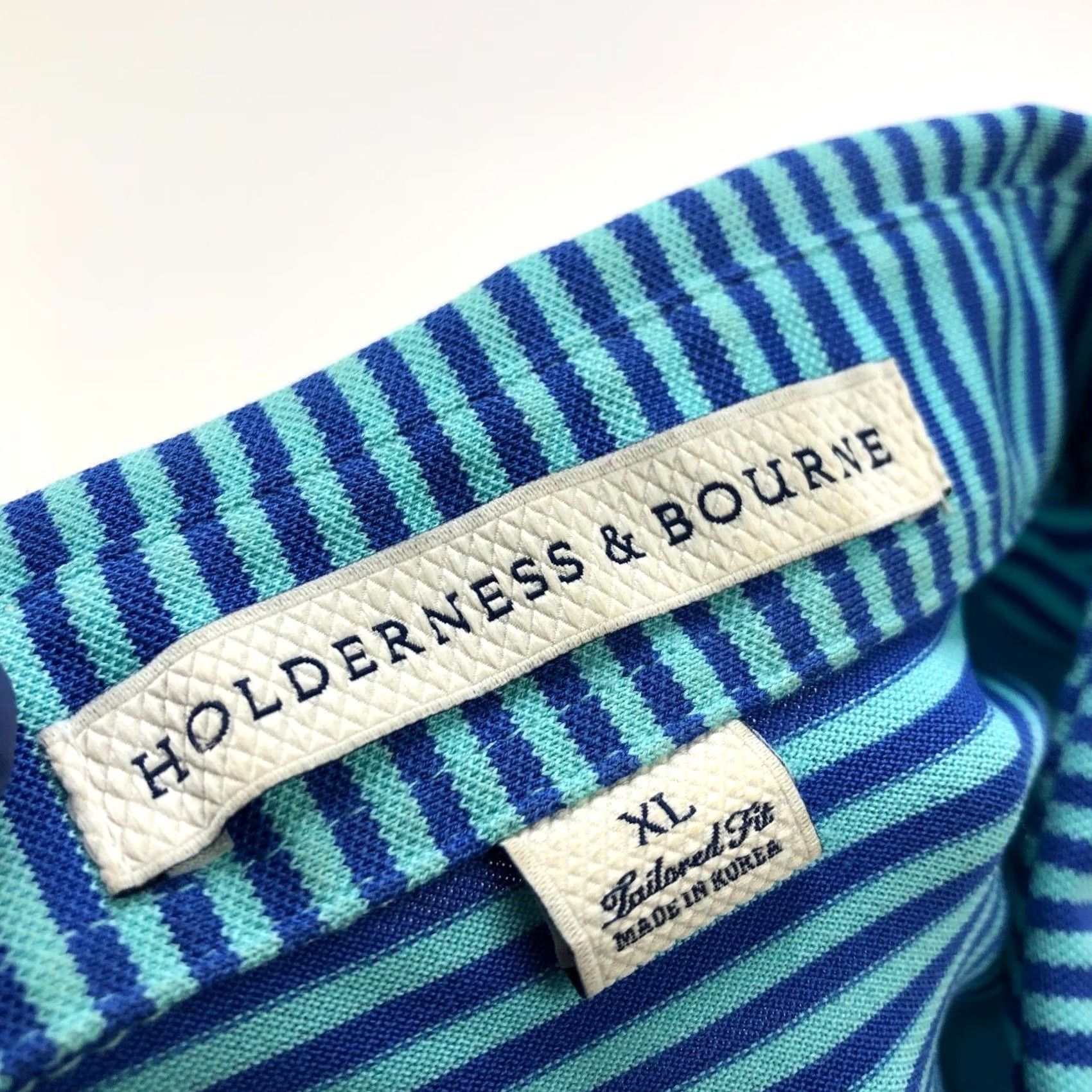Vintage Holderness & Bourne Polo Shirt XL Blue Striped Golf Button Shirt Printed Logo Mens Regular Short Sleeve Polo Shirt Size US XL / EU 56 / 4 - 7 Thumbnail