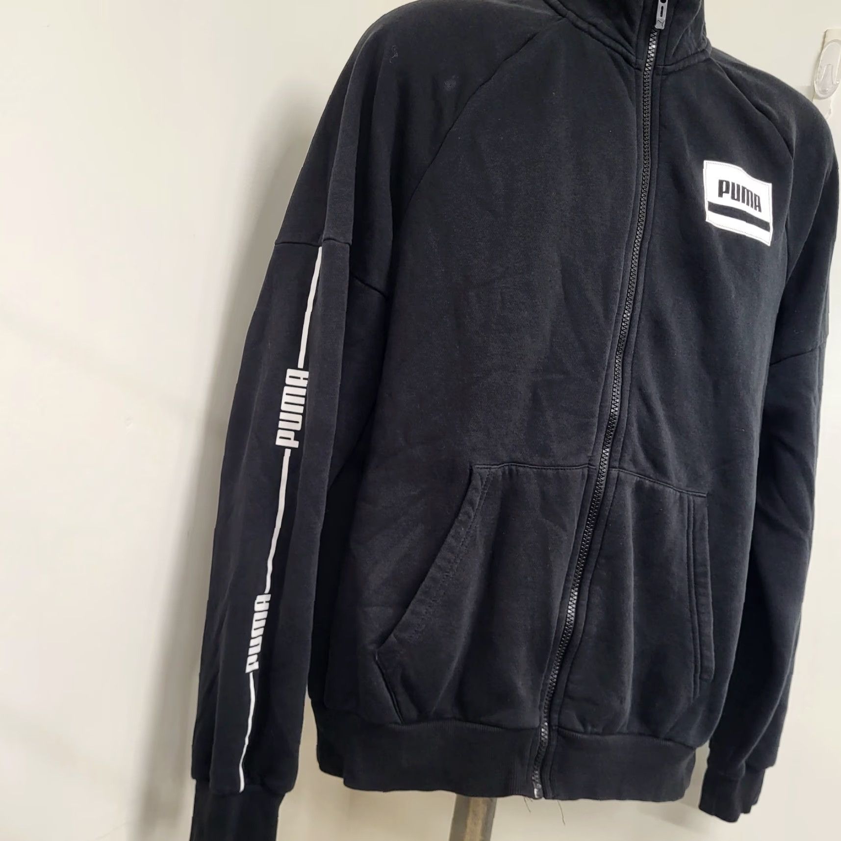 Puma PUMA Zip-Up Jacket Mens Large Black Kangaroo Pocket Long Sleeve Athletic Exterior Polyester Storm Blue Red Character Streetwear Sports Track Jacket Size US L / EU 52-54 / 3 - 4 Thumbnail